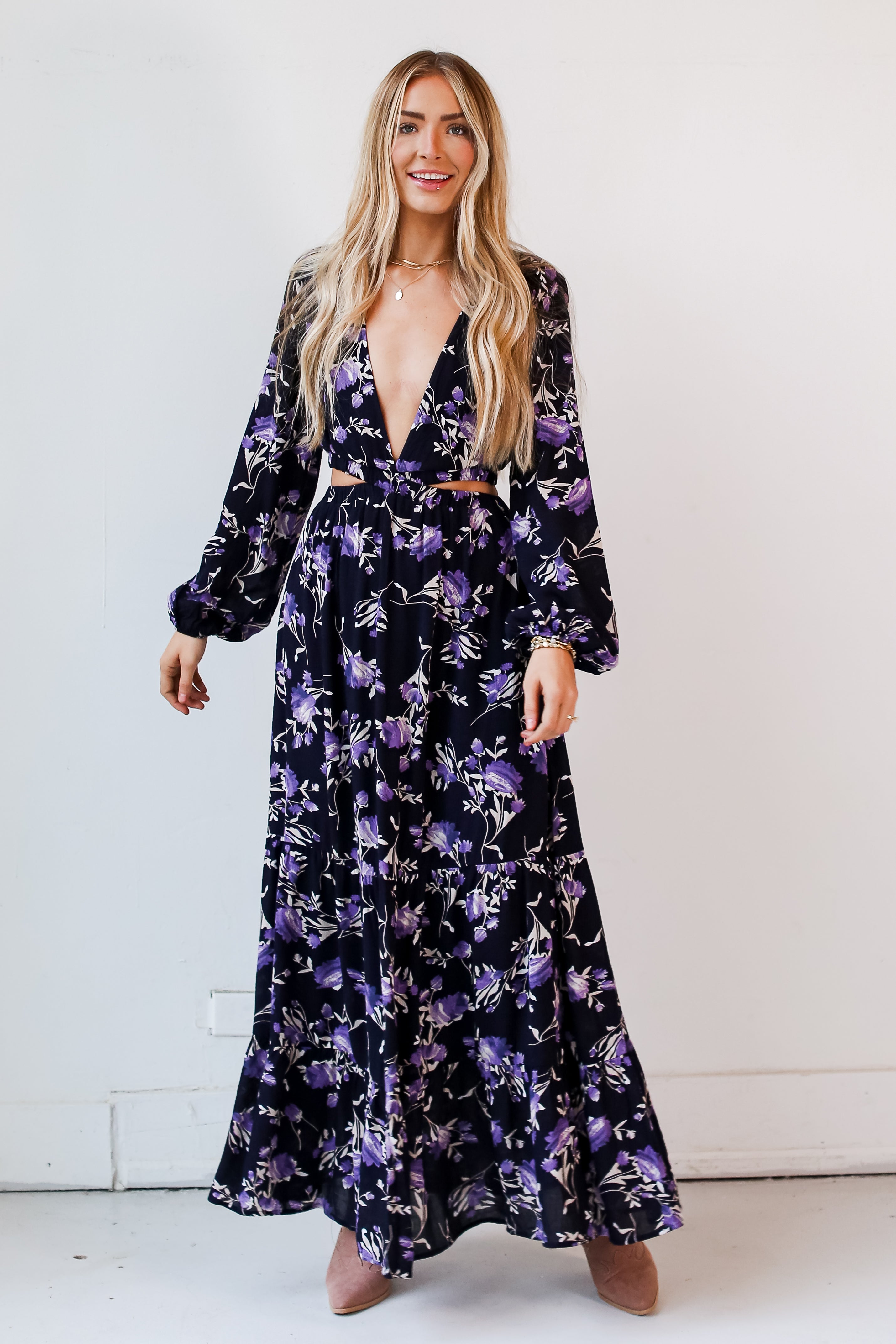 Navy Floral Cutout Maxi Dress front view