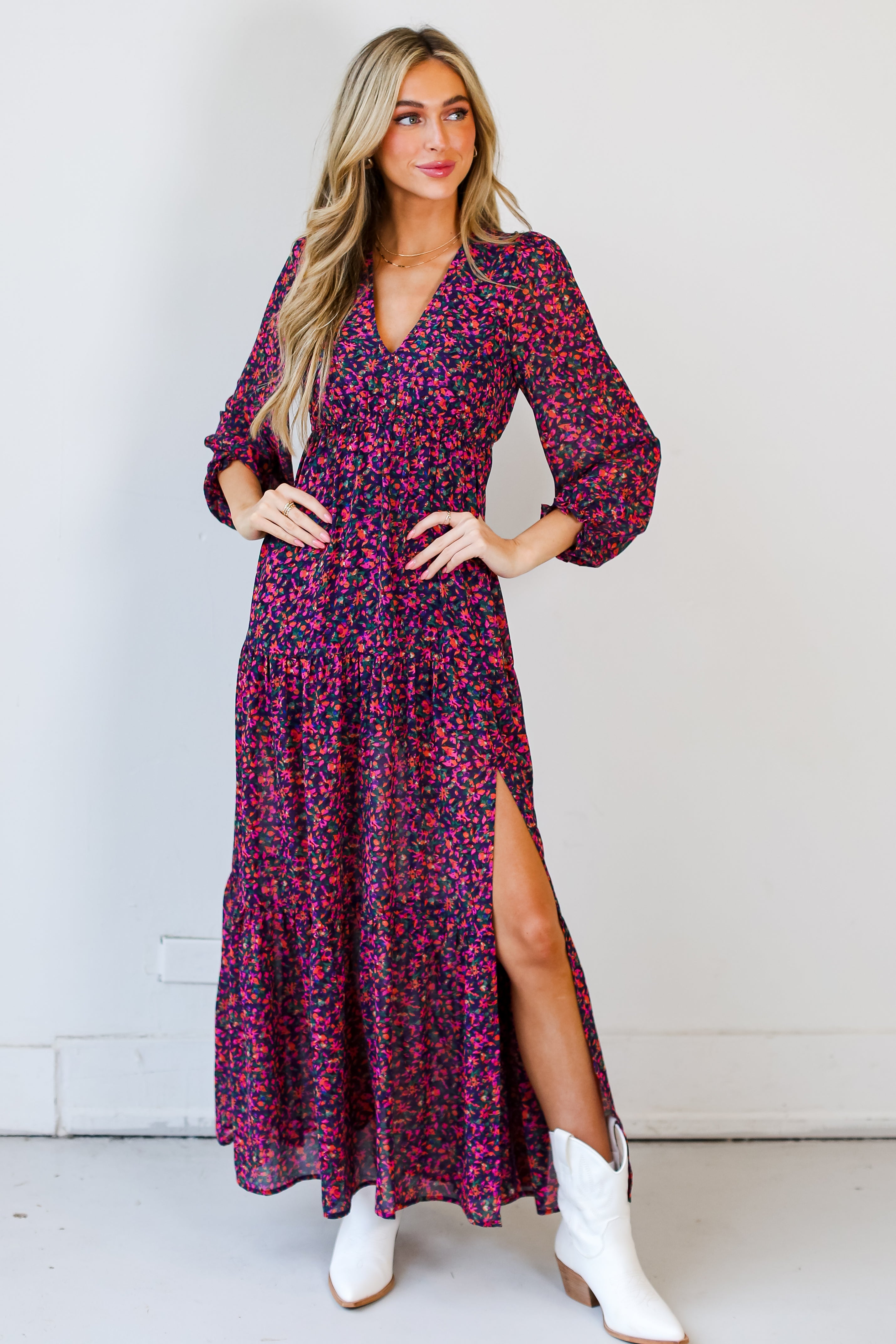 magenta Floral Maxi Dress front view
