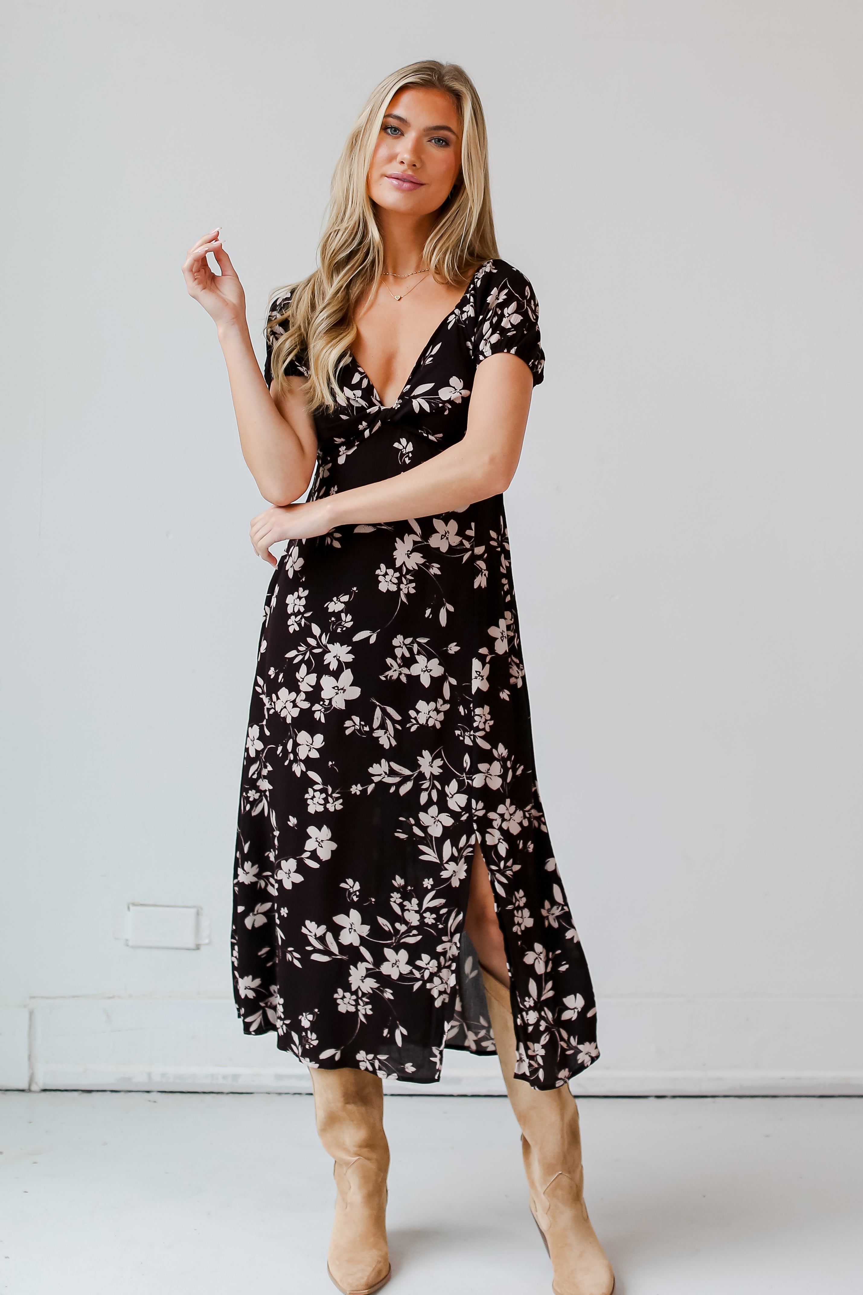 Black Floral Midi Dress front view
