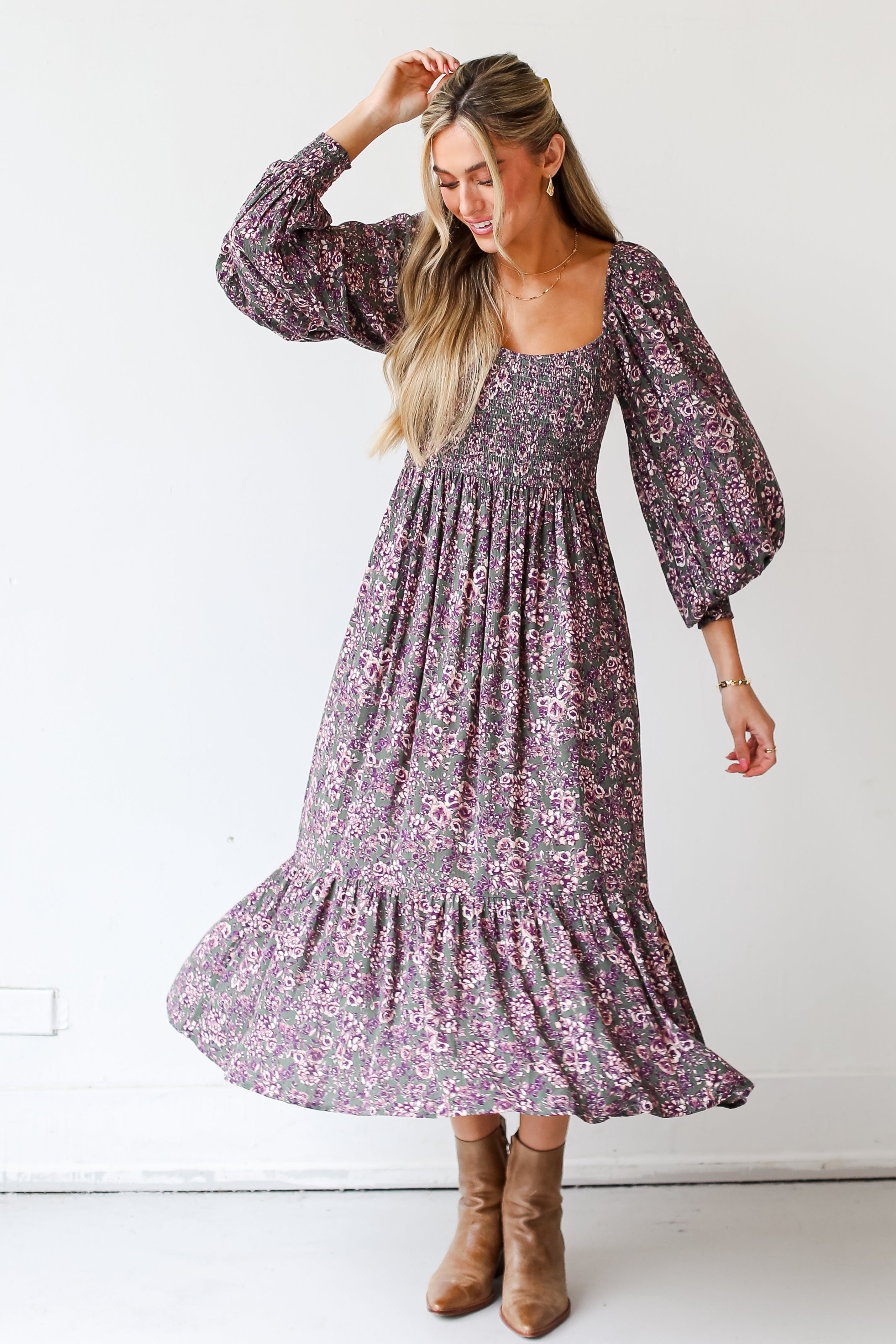 Floral Midi Dress with brown booties