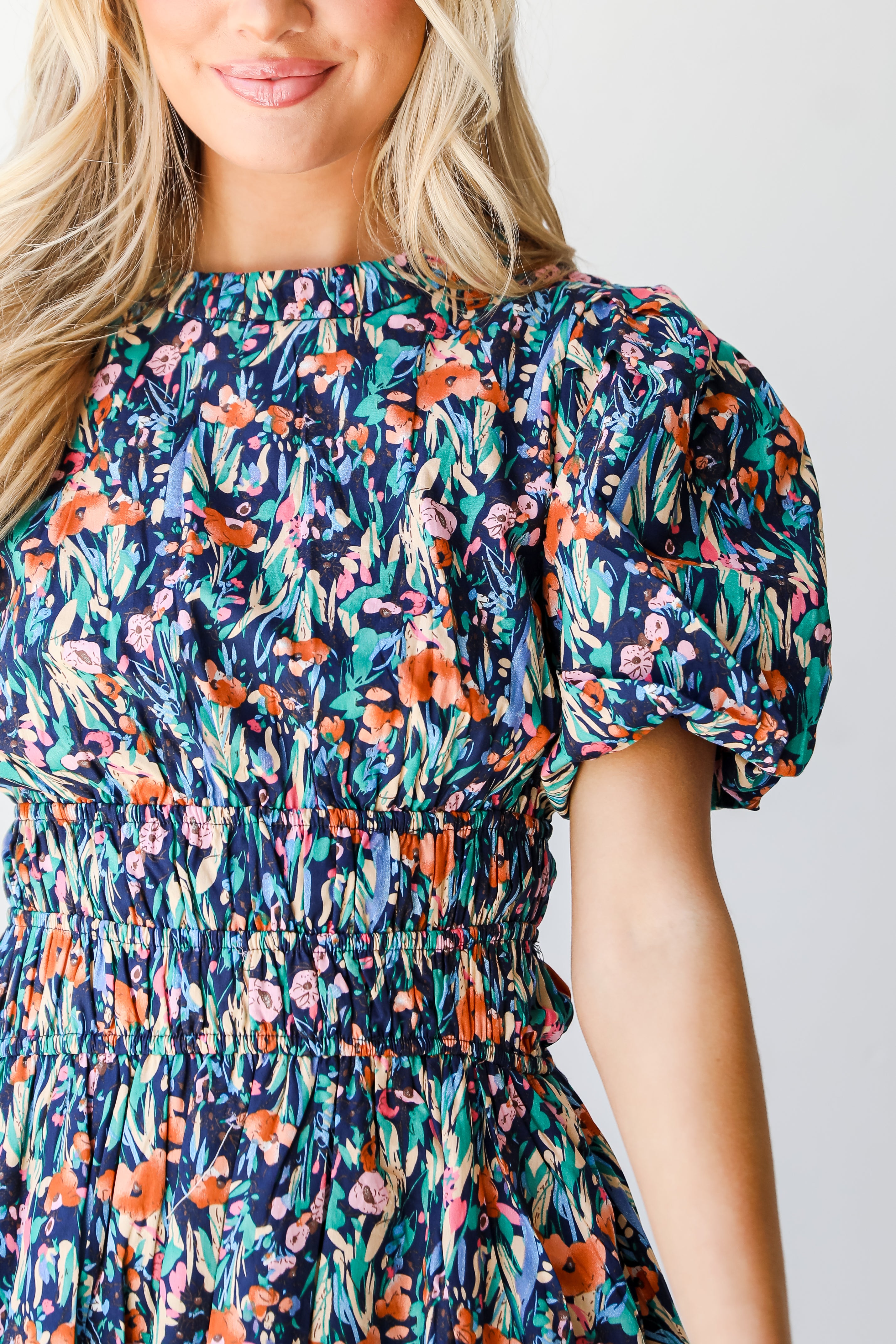 navy Floral Bubble Mini Dress close up