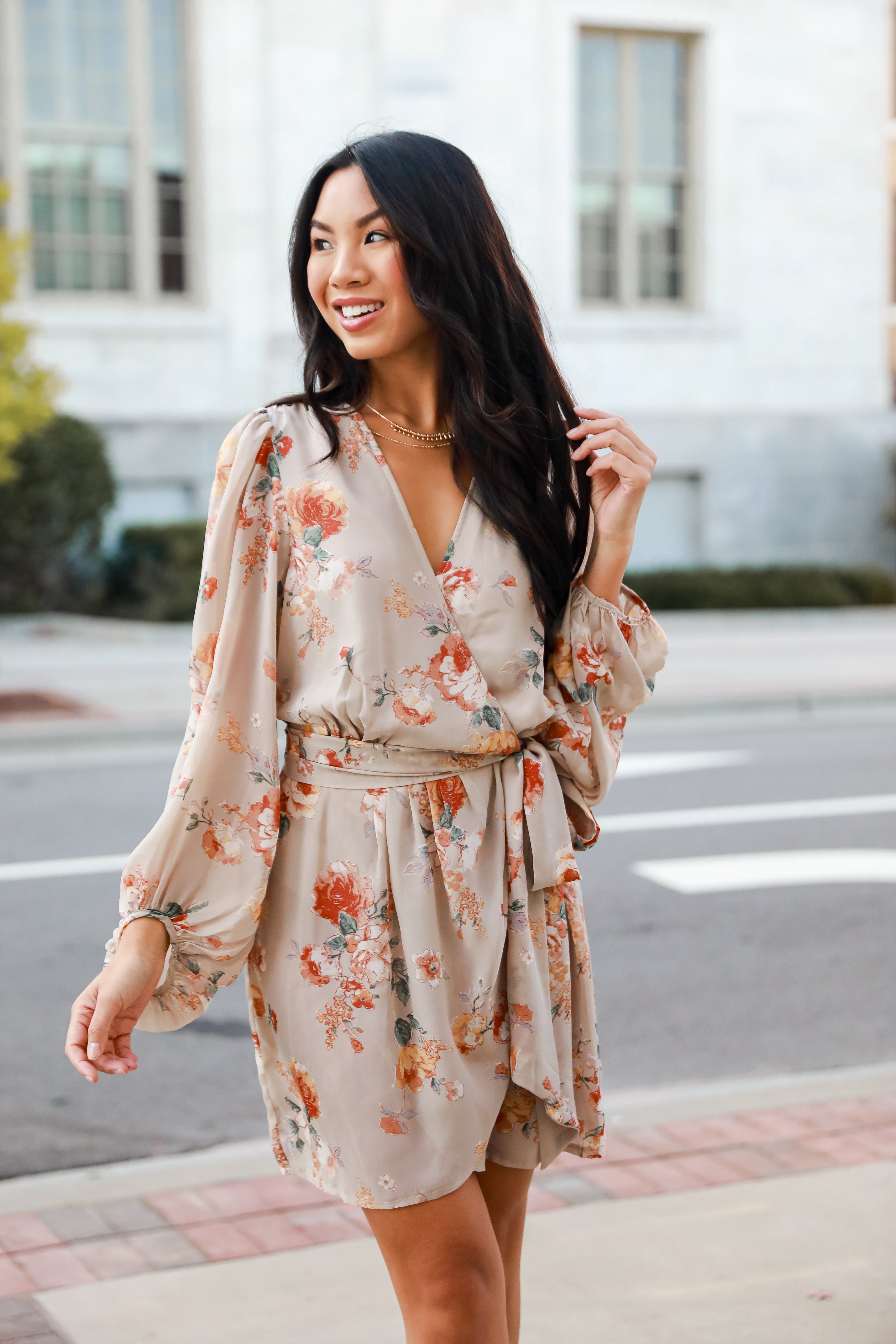 taupe Floral Wrap Mini Dress on model