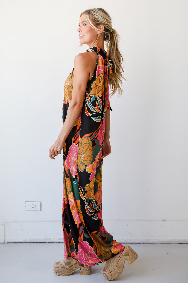State Of Chic Black Satin Floral Jumpsuit