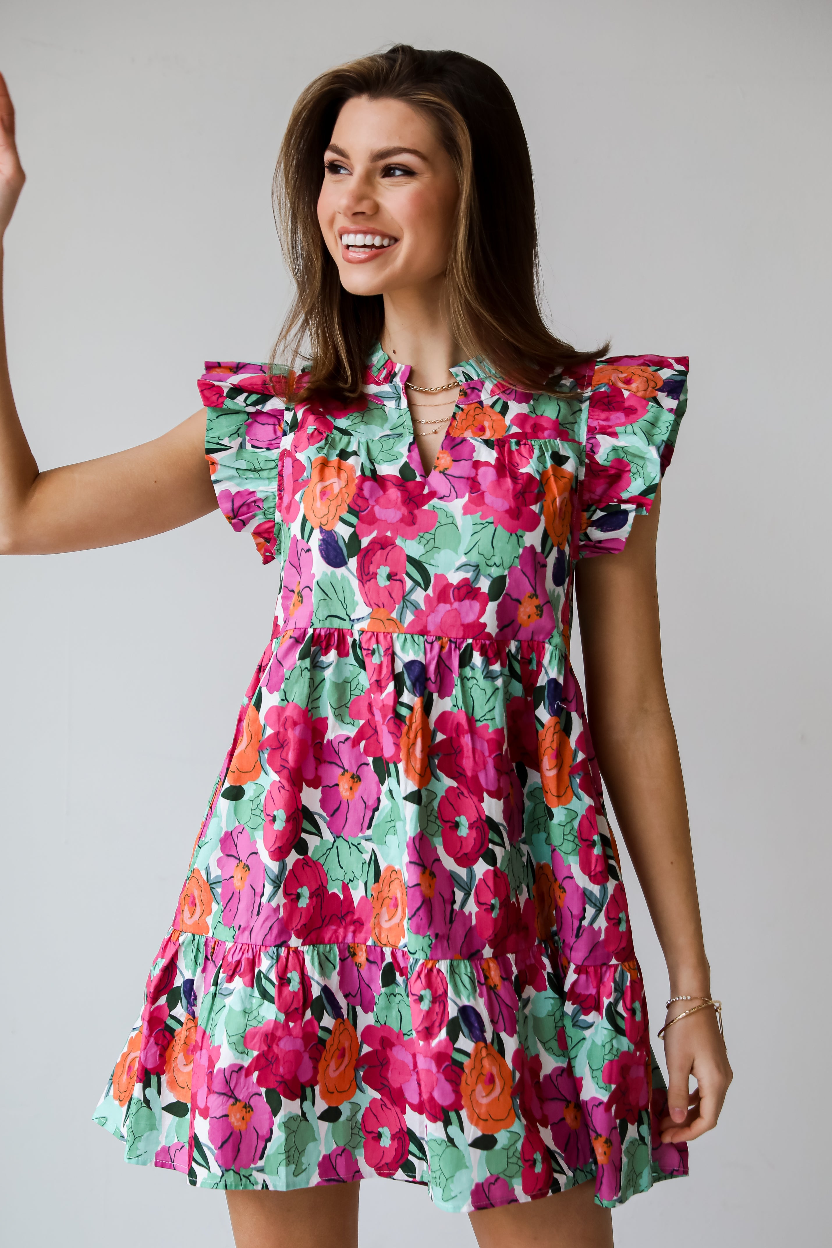 Precious Approach Fuchsia Floral Tiered Dress Fuchsia Floral Tiered Mini Dress