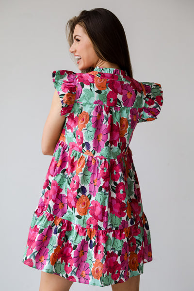 flowy Fuchsia Floral Tiered Mini Dress