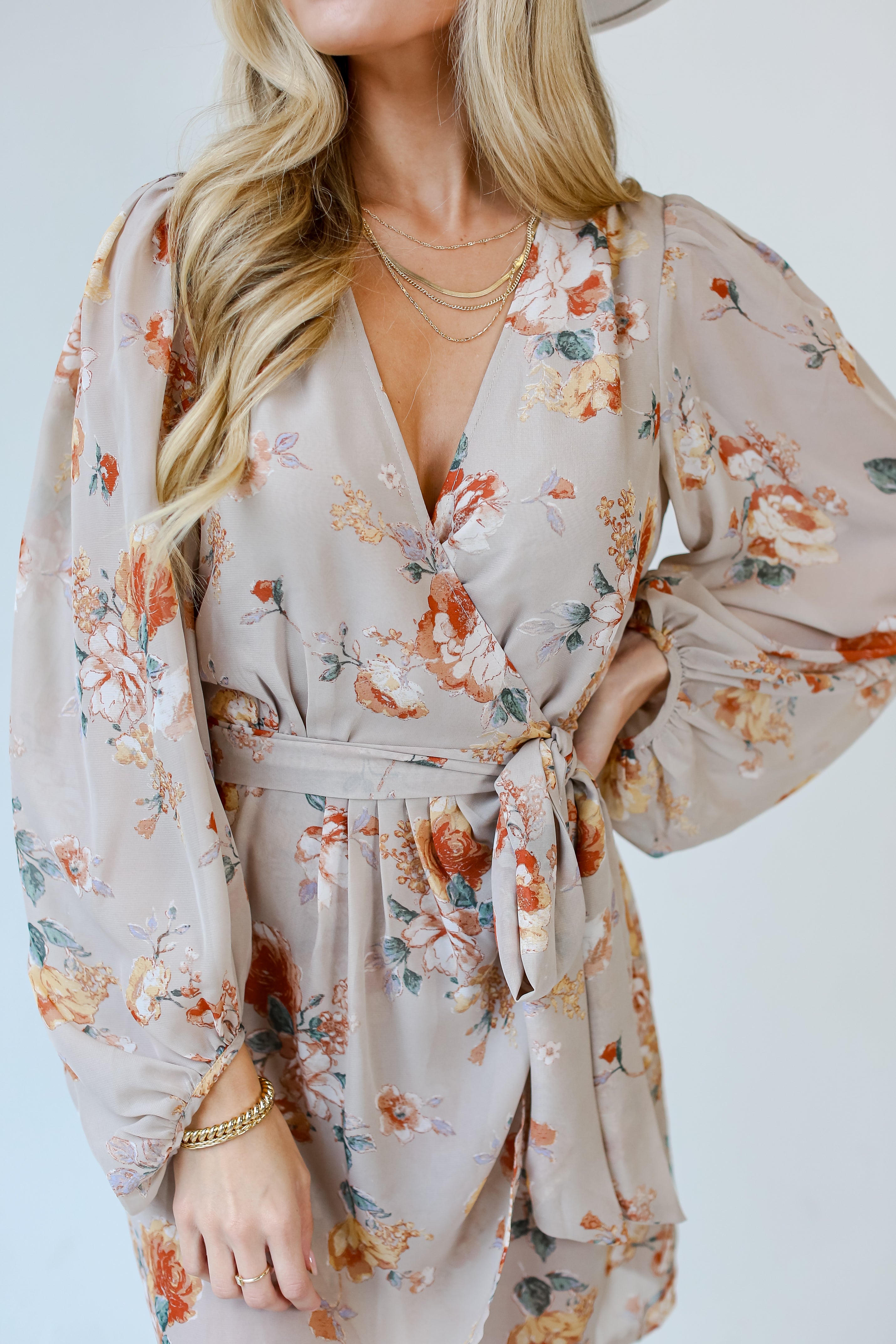 taupe Floral Wrap Mini Dress close up