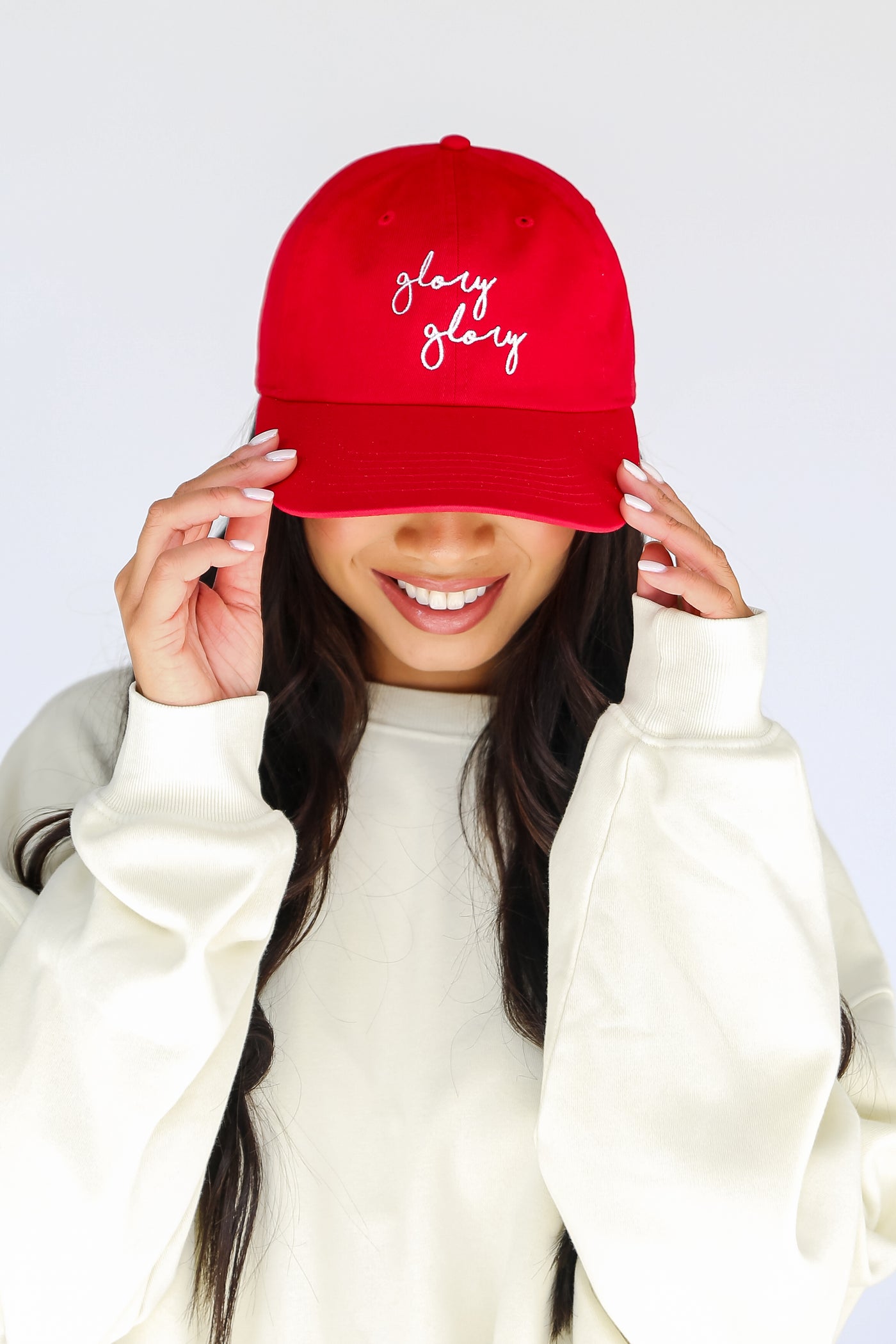 red Glory Glory Embroidered Hat on model