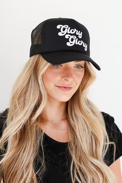 black Glory Glory Trucker Hat on dress up model UGA Hats Online