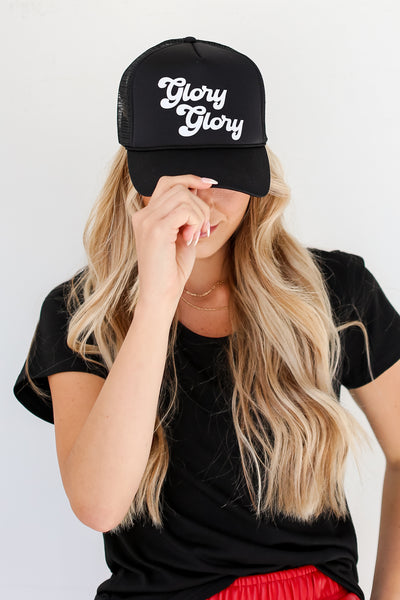 black Glory Glory Trucker Hat close up