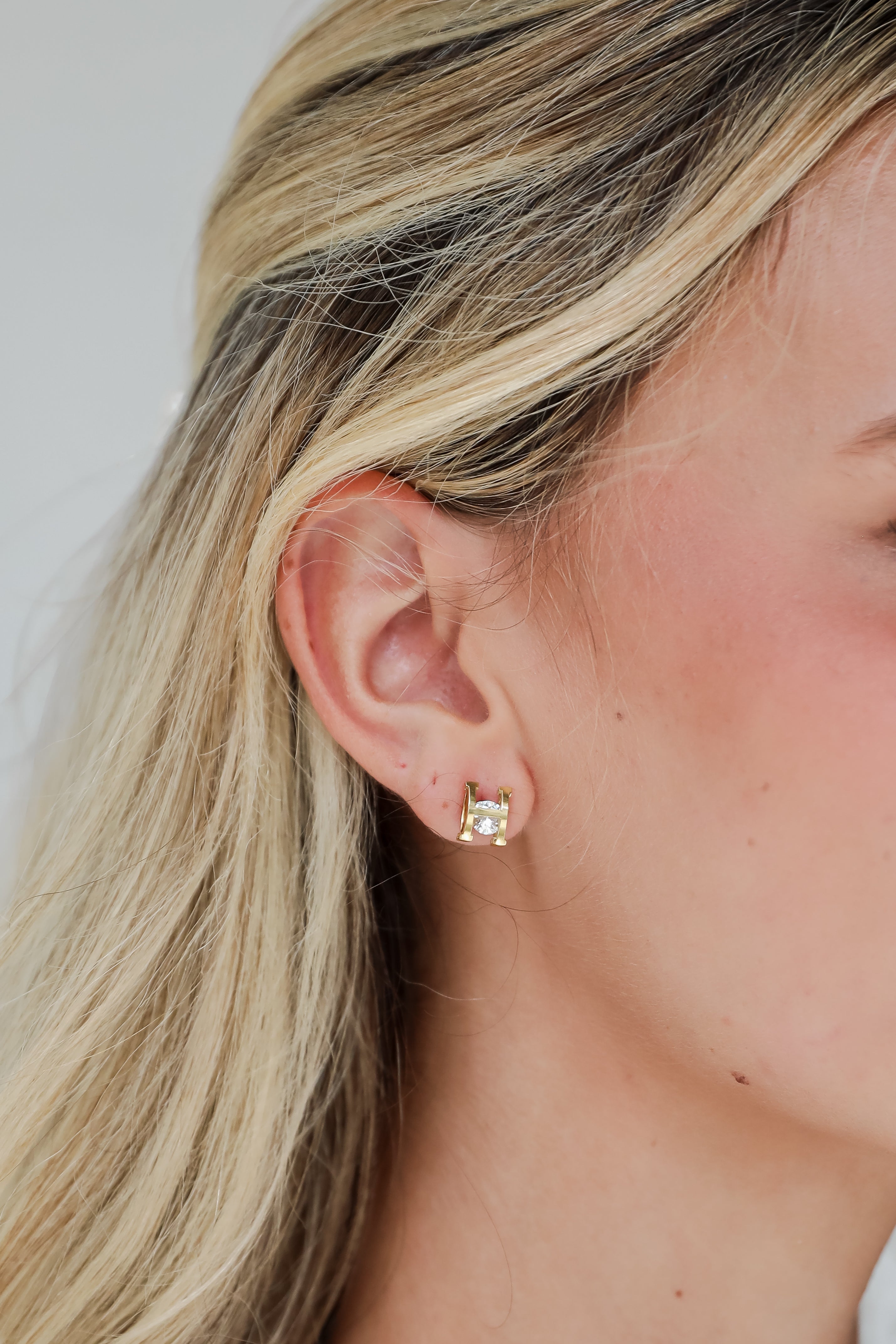 Hayley Gold "H" Rhinestone Stud Earrings