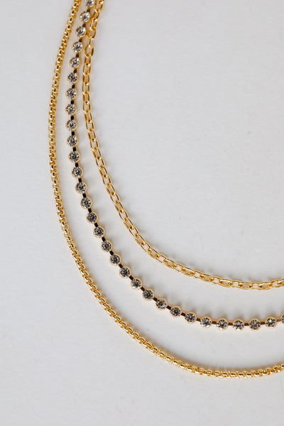 Gold Rhinestone Layered Chain Necklace