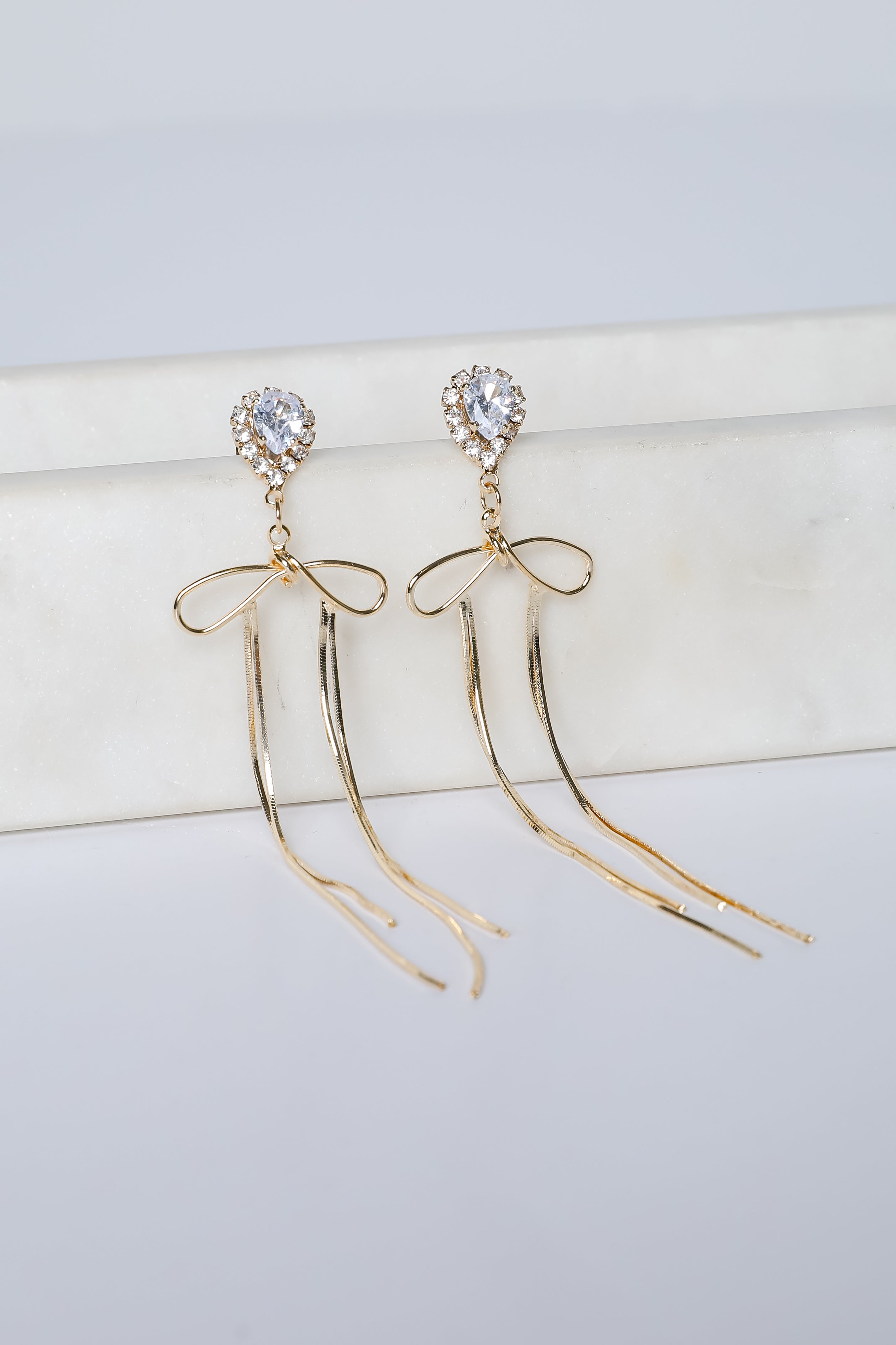 Lily Gold Rhinestone Bow Chain Drop Earrings