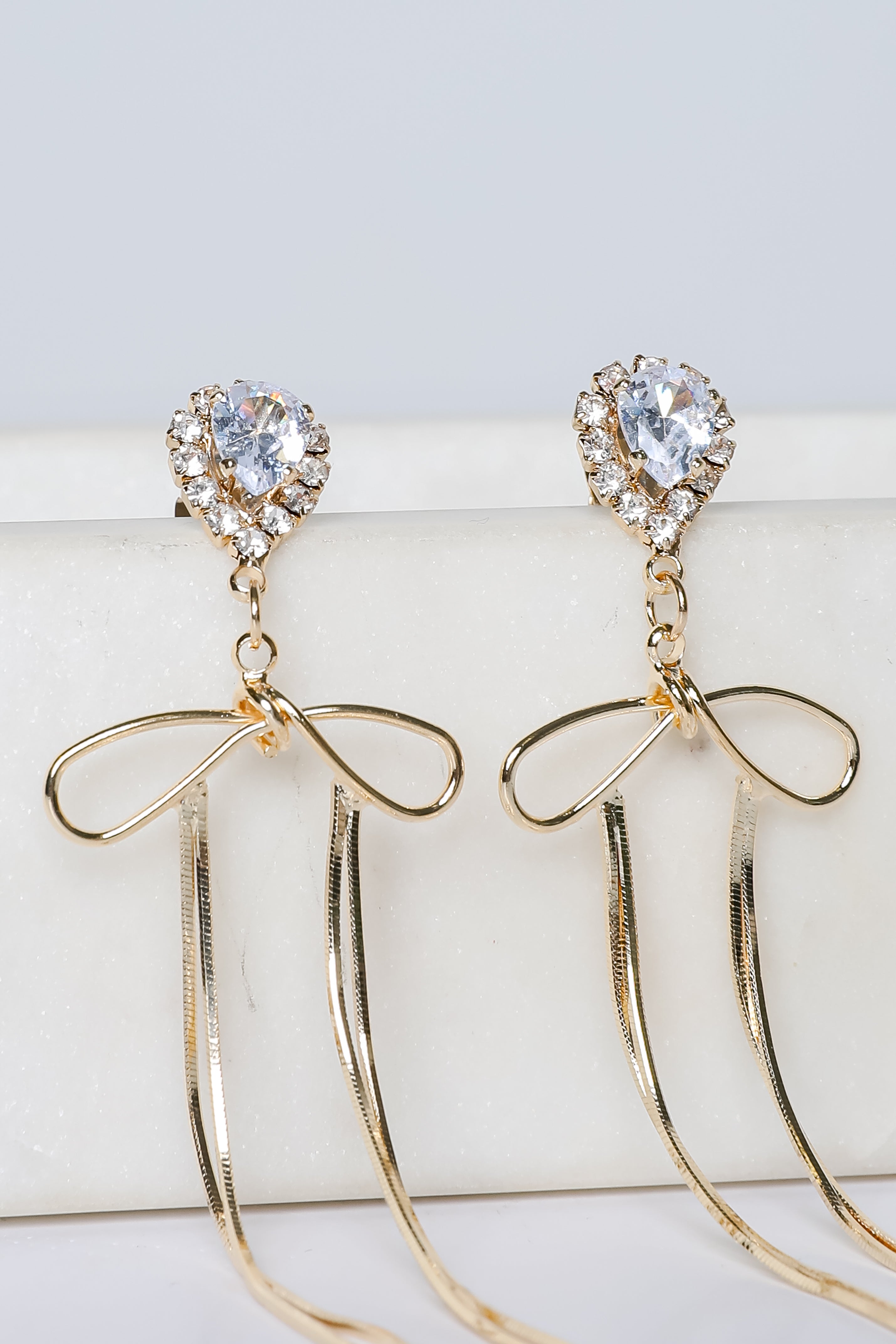 Lily Gold Rhinestone Bow Chain Drop Earrings