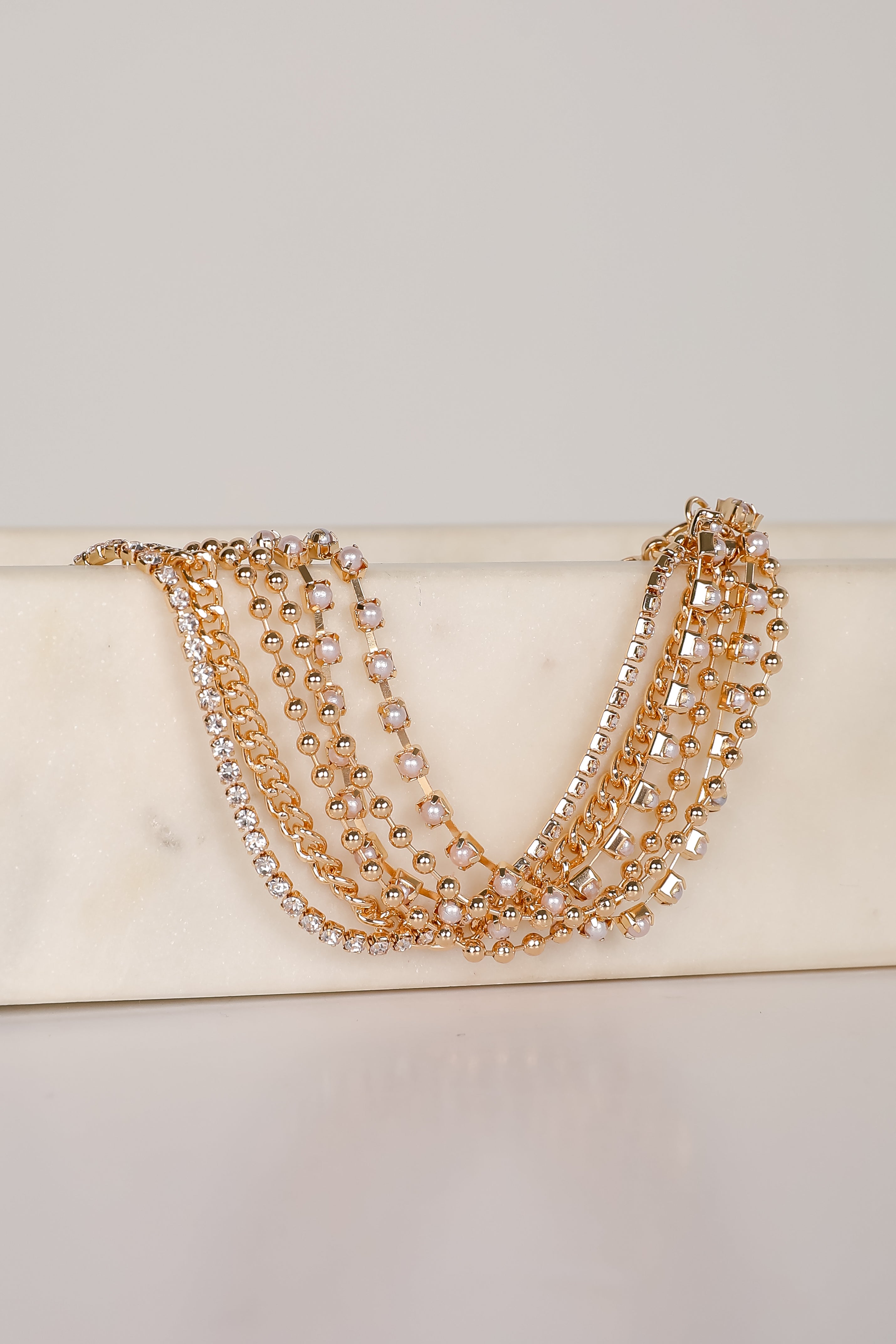 Laura Gold Rhinestone + Pearl Layered Chain Bracelet