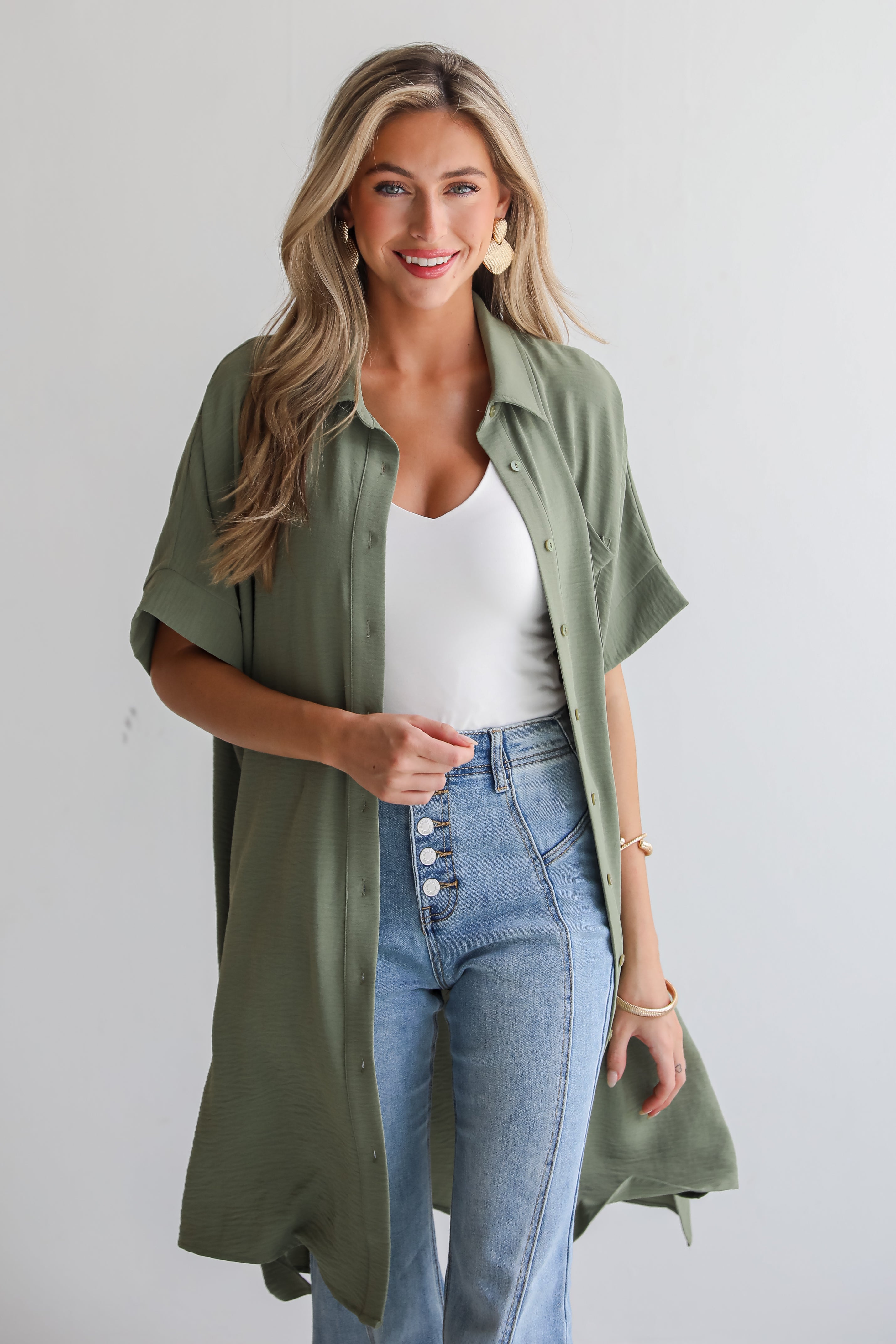 Composed Persona Green Button Front Midi Dress