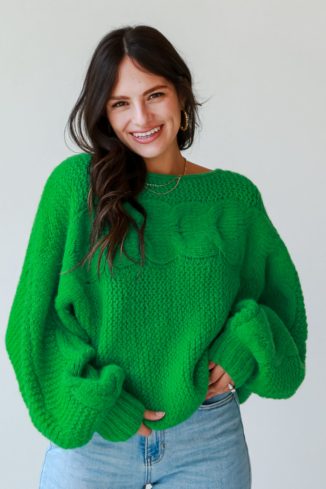Kelly Green Cable Knit Oversized Sweater on model