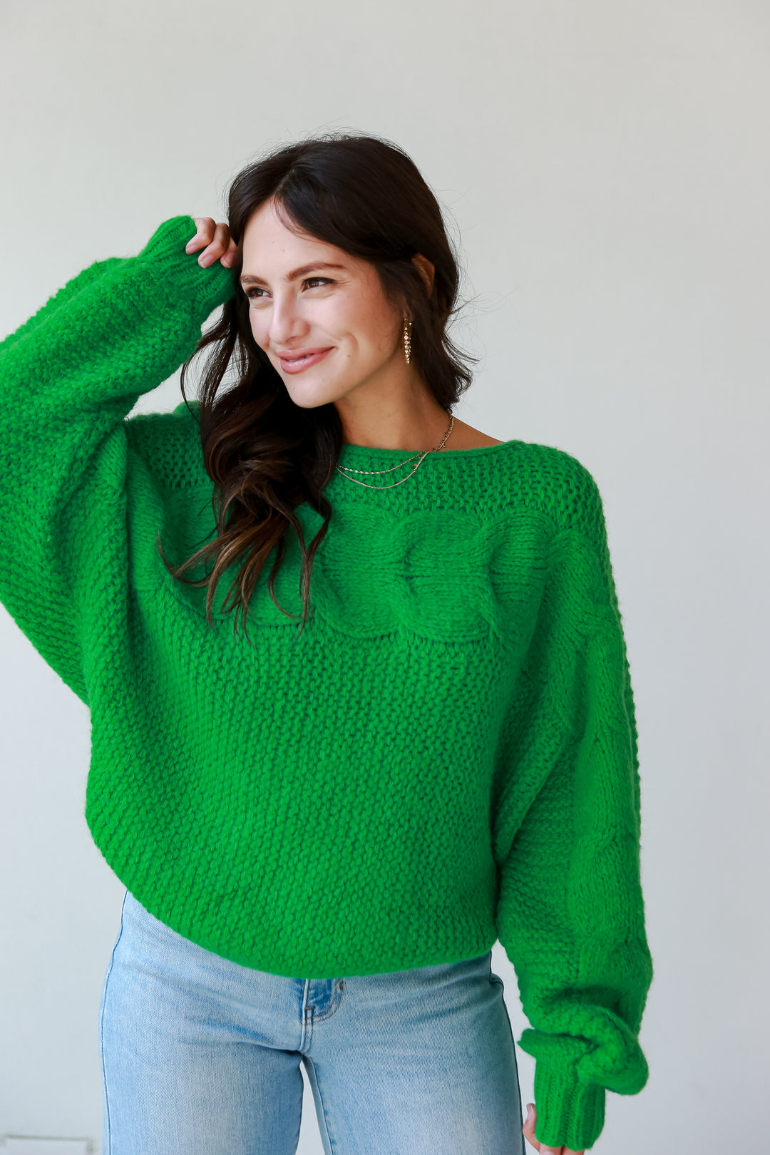 Kelly Green Cable Knit Oversized Sweater front view