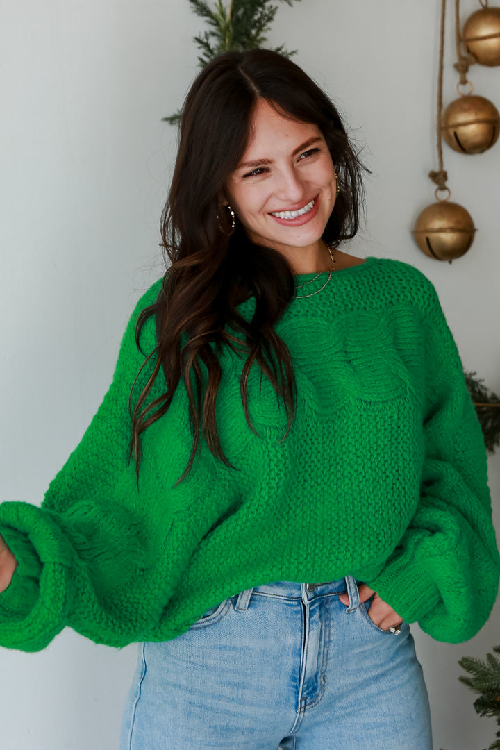 trendy Kelly Green Cable Knit Oversized Sweater