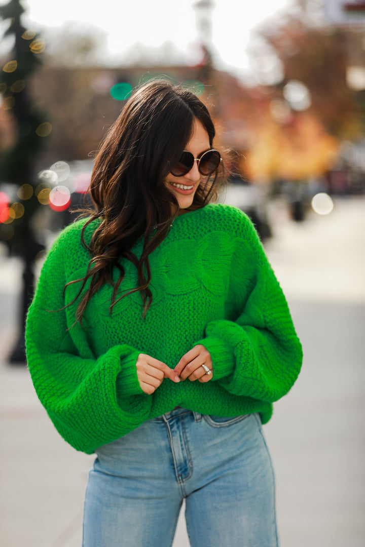 cute Kelly Green Cable Knit Oversized Sweater