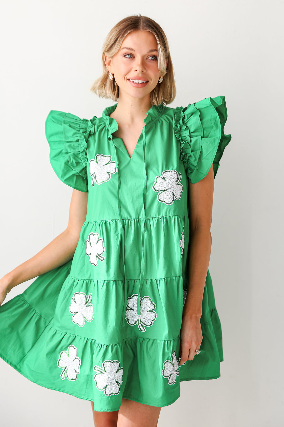 Green Sequin Four Leaf Clover Tiered Mini Dress
