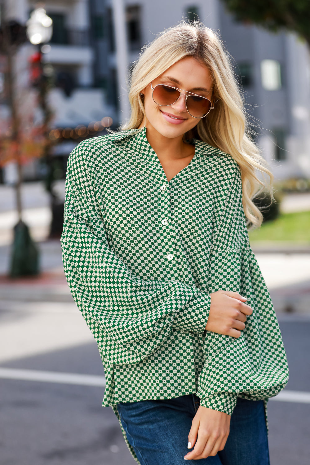green printed blouse