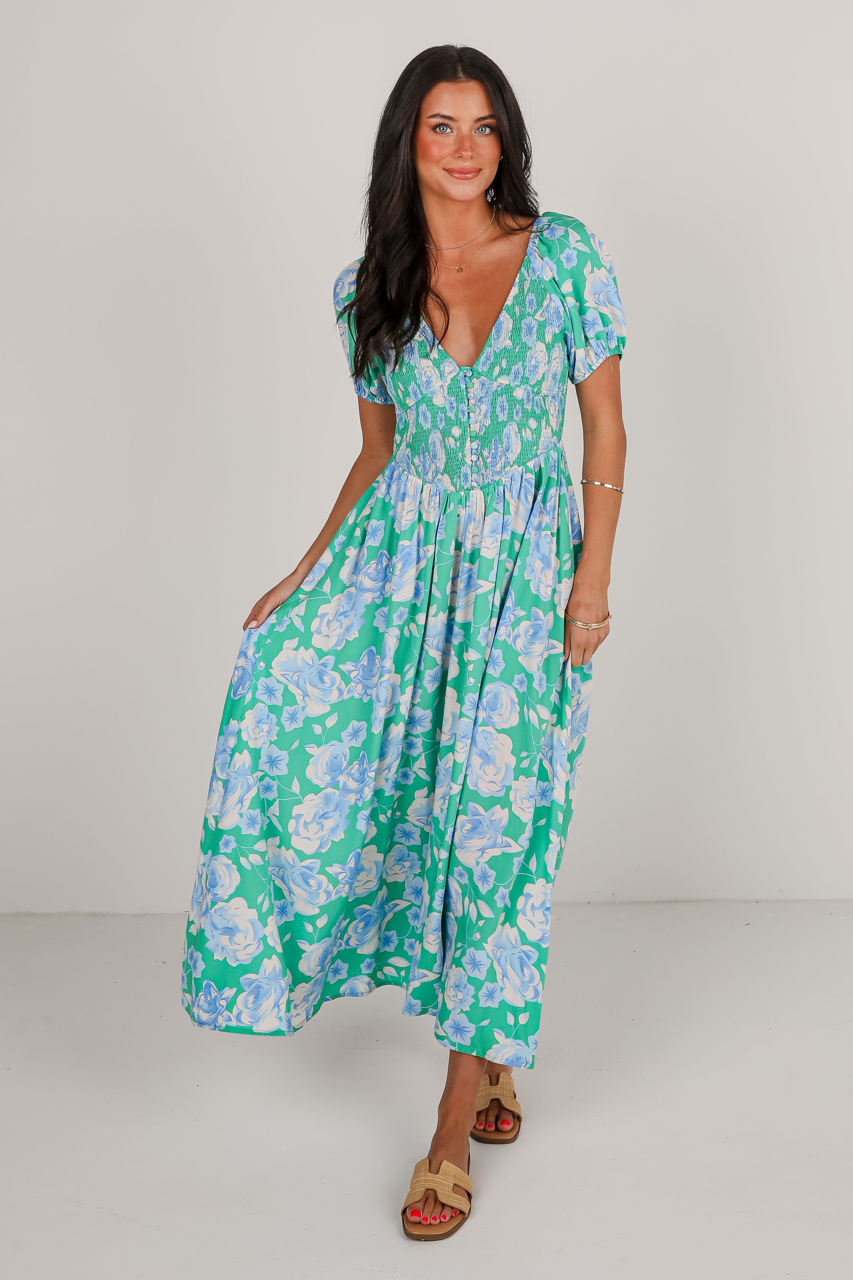 Romantic Celebration Green Floral Maxi Dress