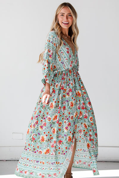 green Floral Maxi Dress on model