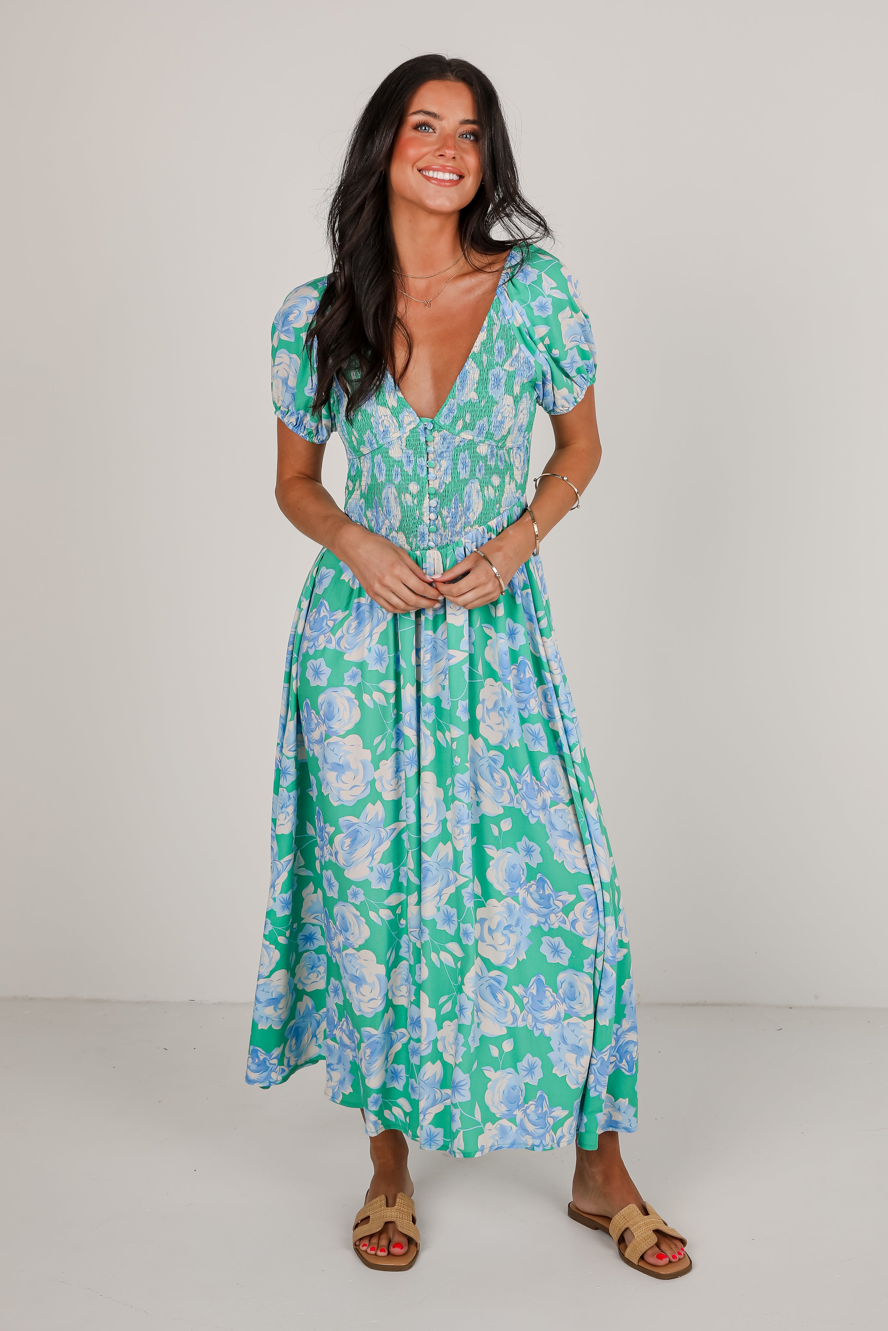 Romantic Celebration Green Floral Maxi Dress