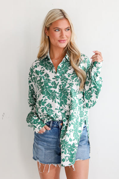 flowy Green Floral Button-Up Blouse