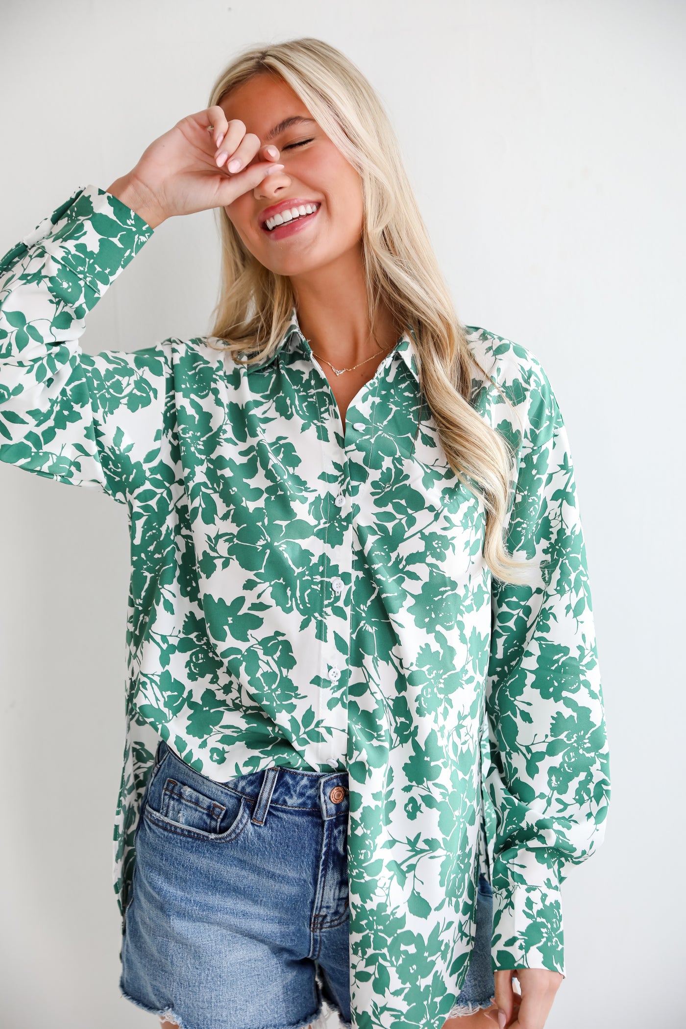 womens Green Floral Button-Up Blouse