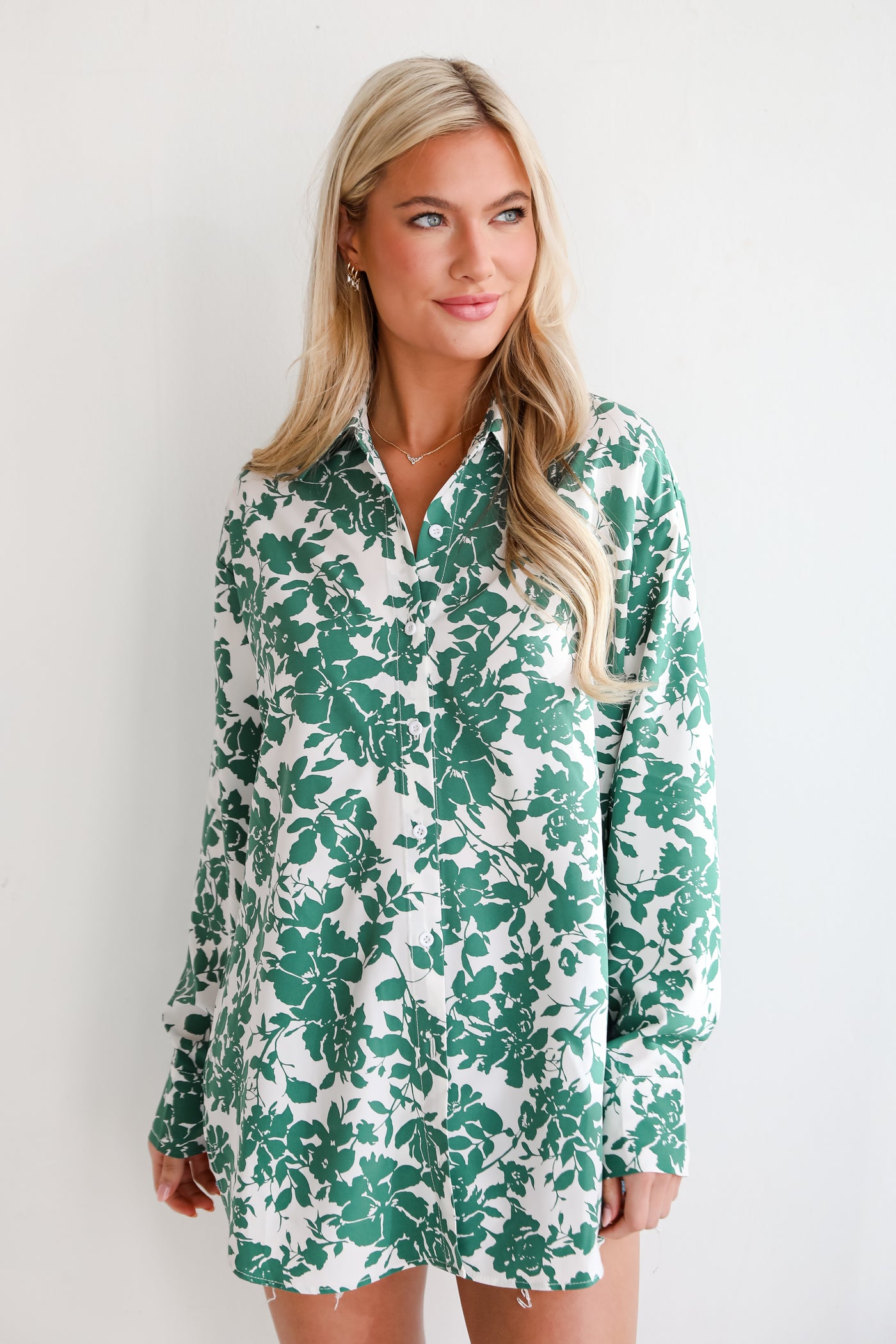 oversized Green Floral Button-Up Blouse