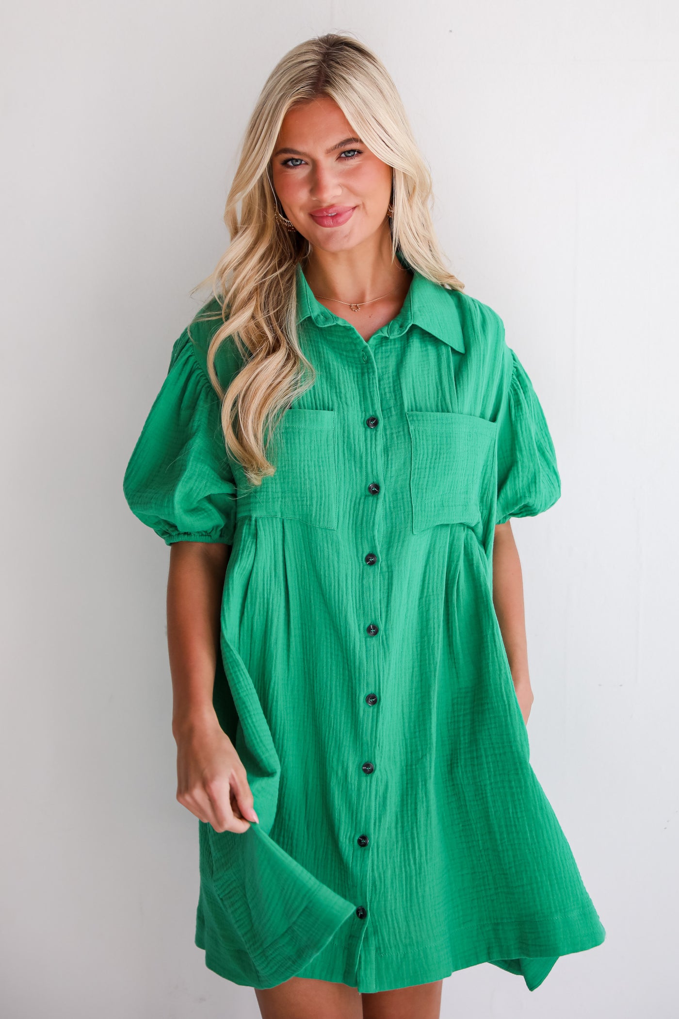 flowy Kelly Green Linen Mini Dress