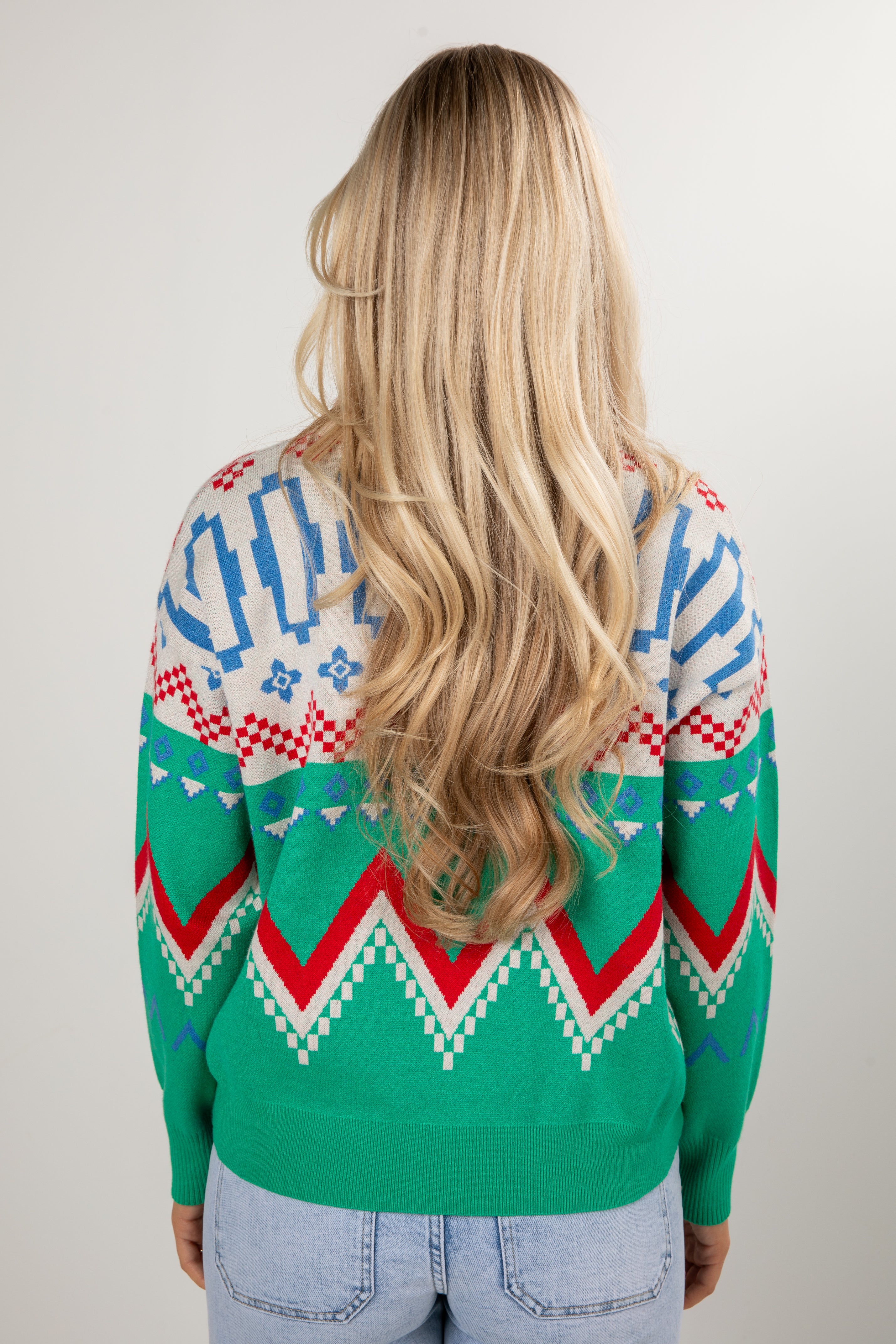 Person wearing a colorful patterned sweater with a plain background