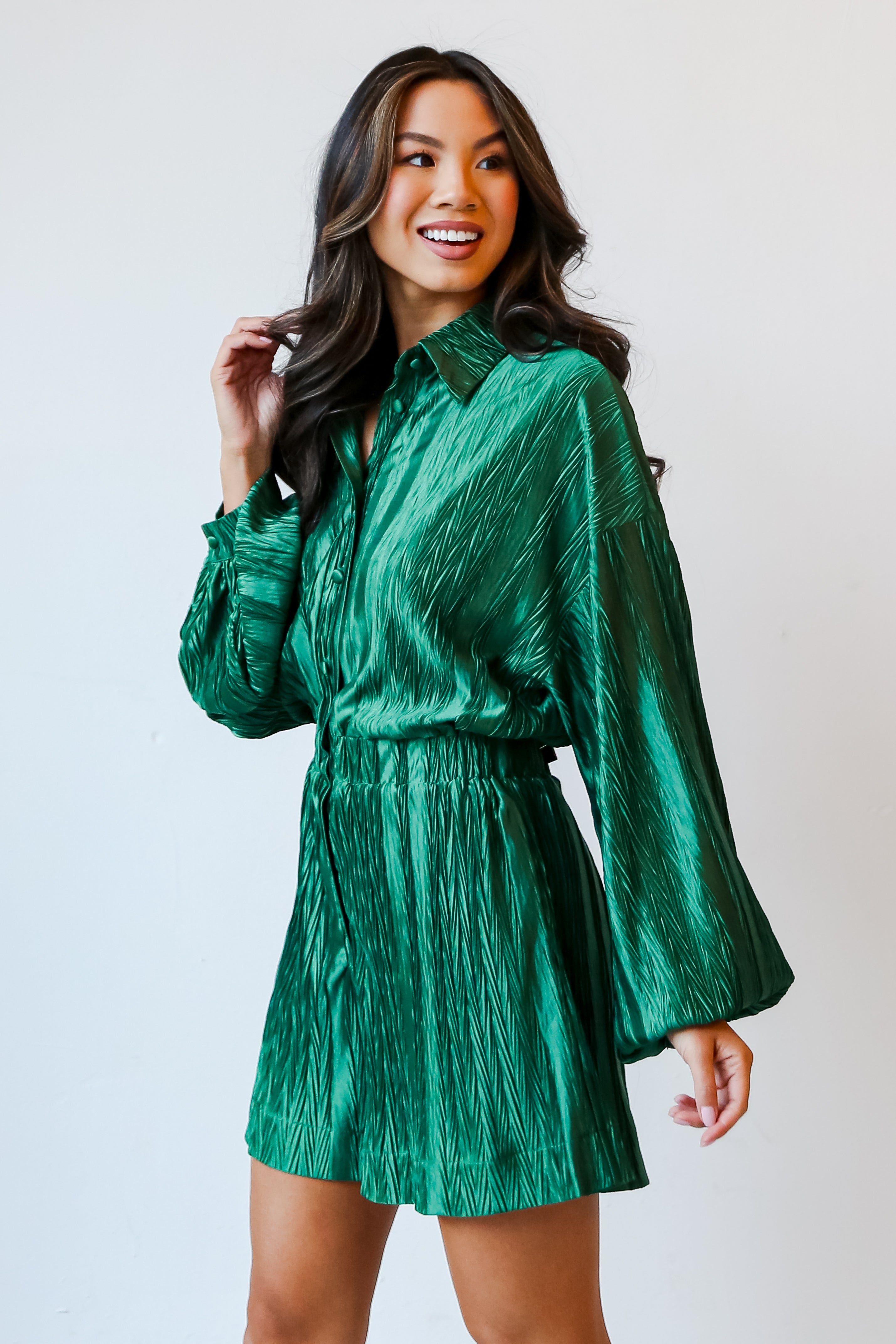 green satin plisse romper