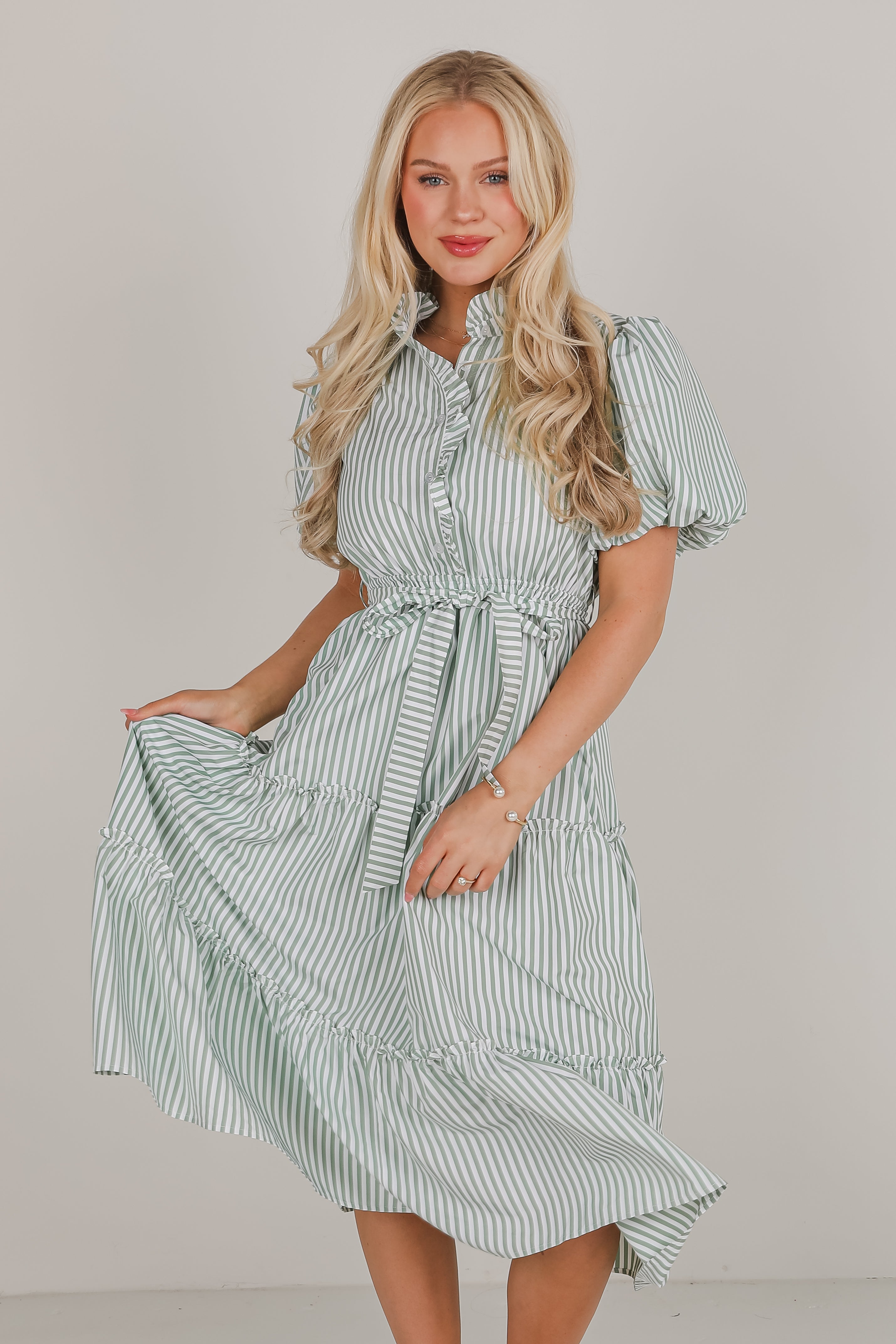 Gorgeous Purpose Green Striped Tiered Midi Dress
