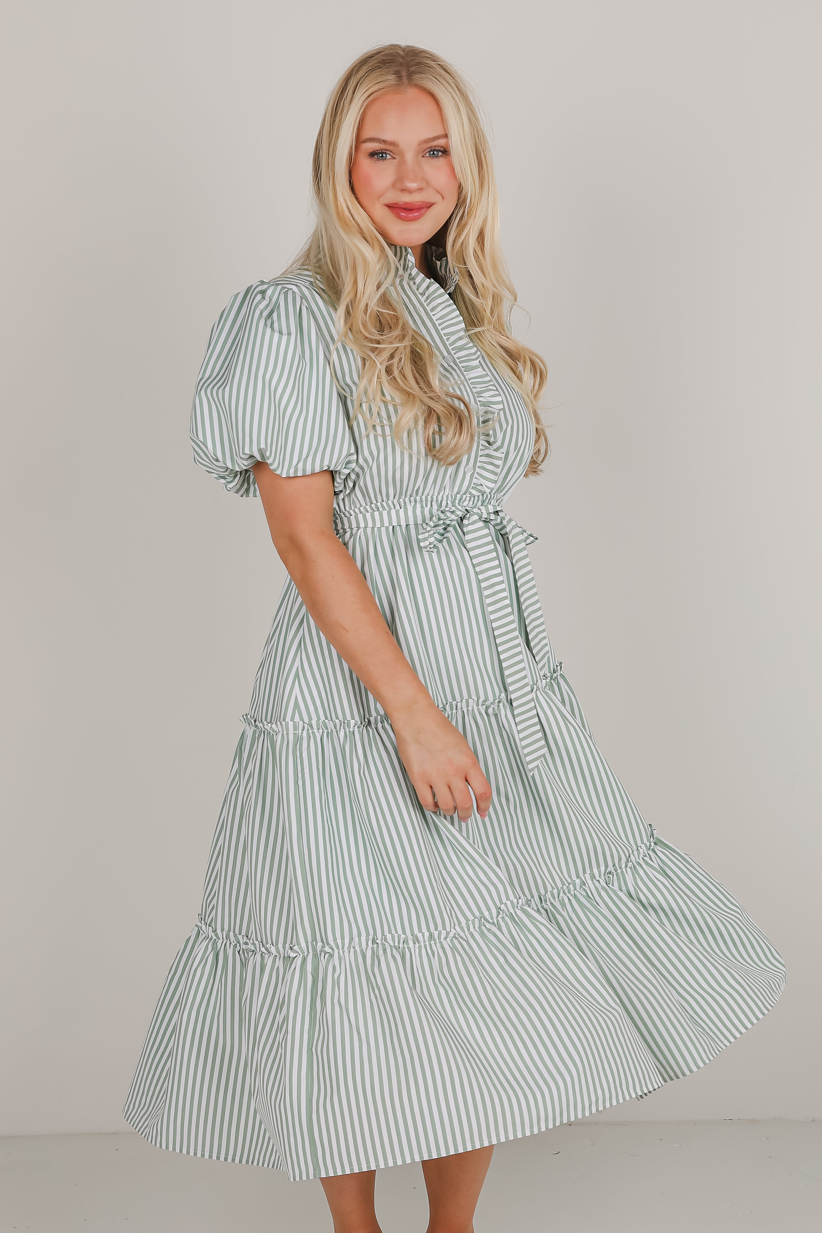 Gorgeous Purpose Green Striped Tiered Midi Dress
