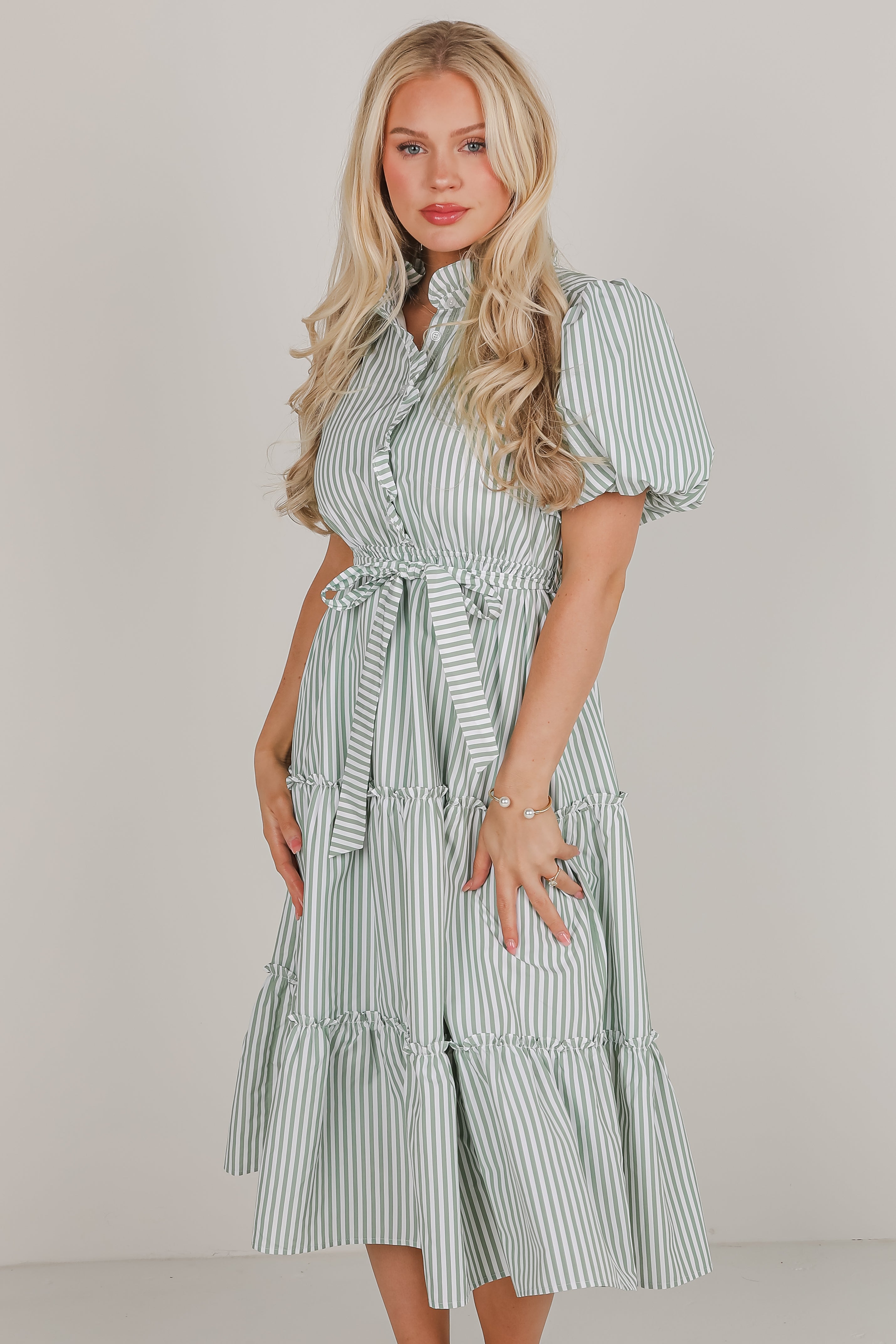 Gorgeous Purpose Green Striped Tiered Midi Dress