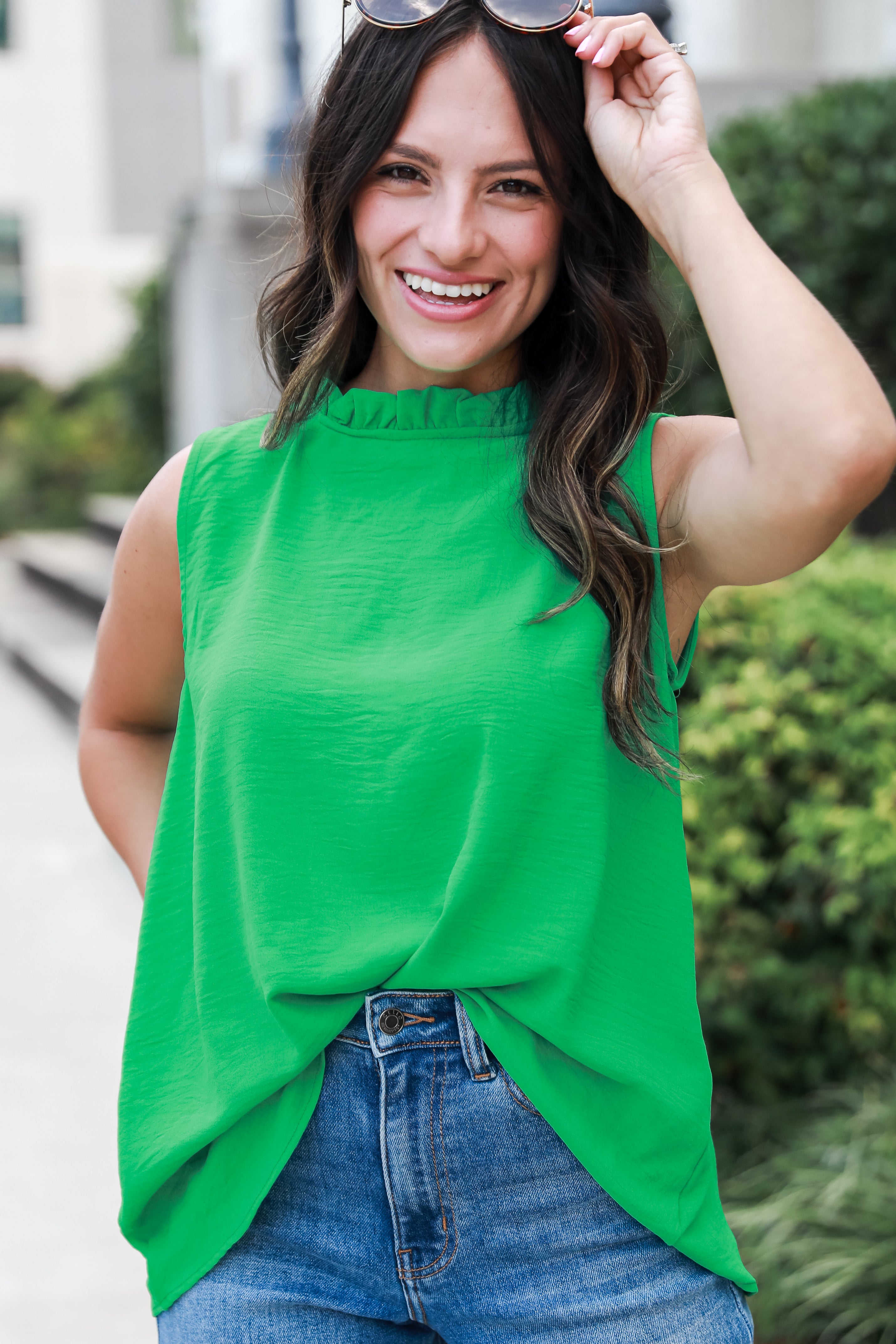 Cute Kelly Green Ruffled Sleeveless Blouse ShopDressUp Dress Up