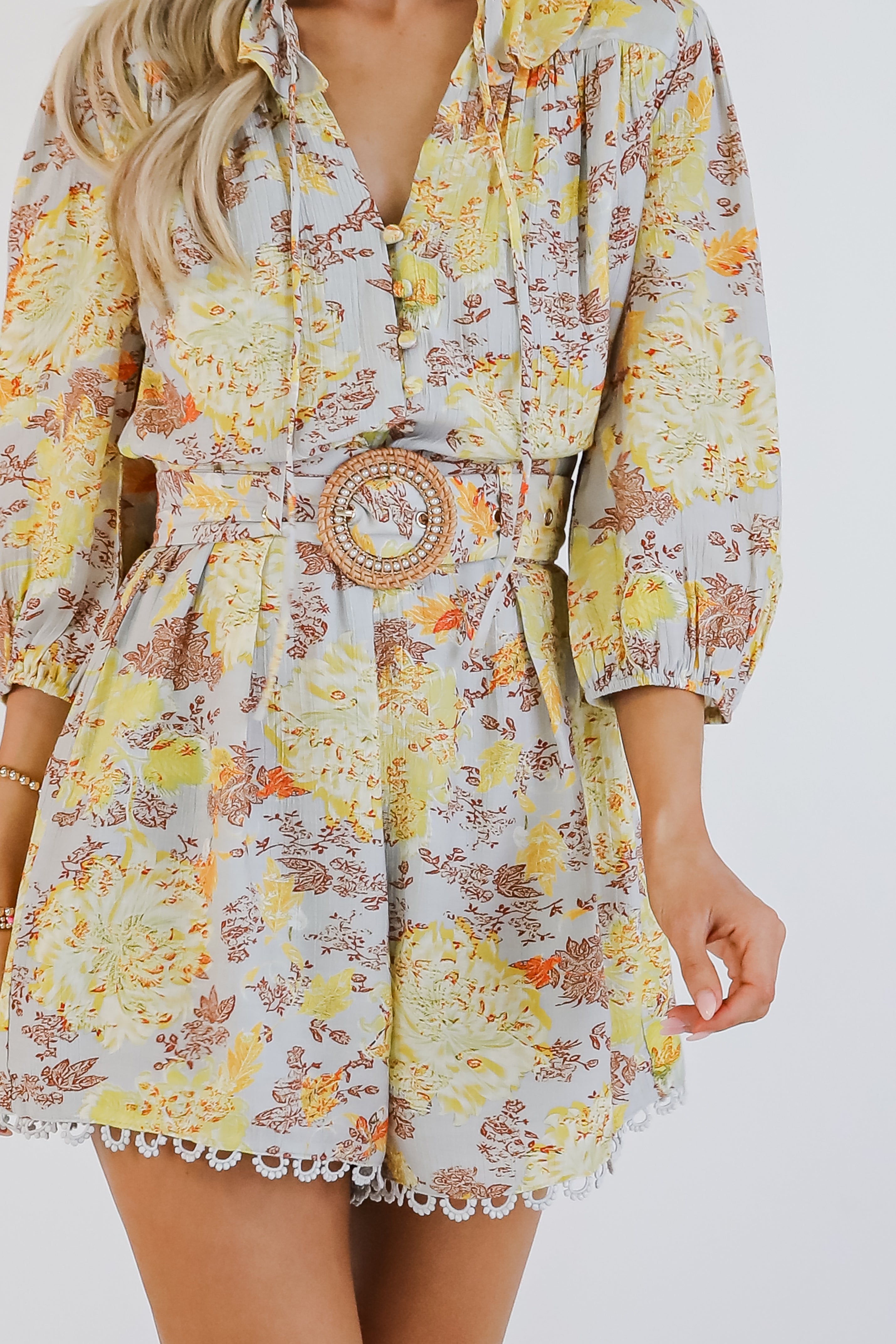 Flirtatious Attitude Grey Floral Romper