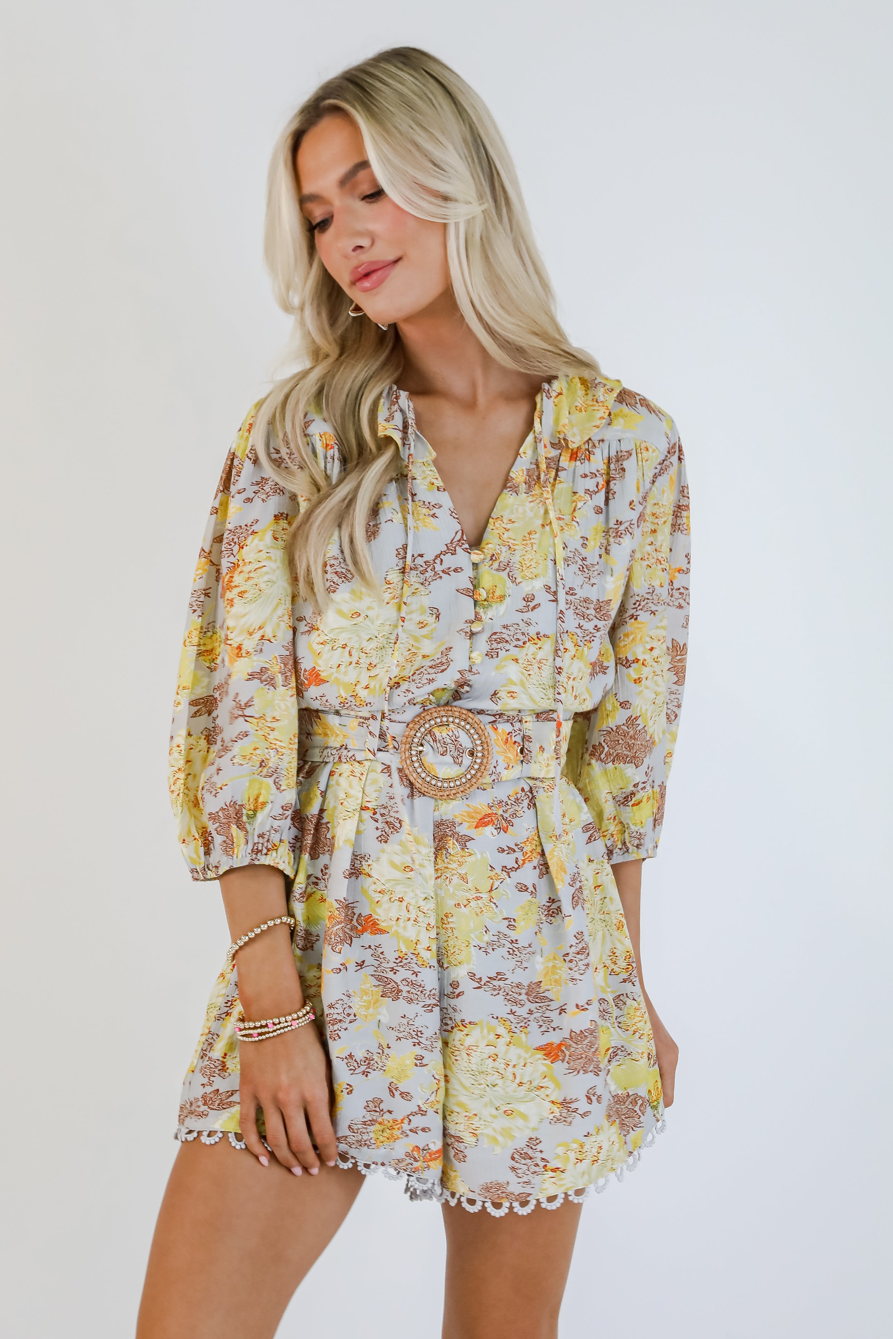 Flirtatious Attitude Grey Floral Romper