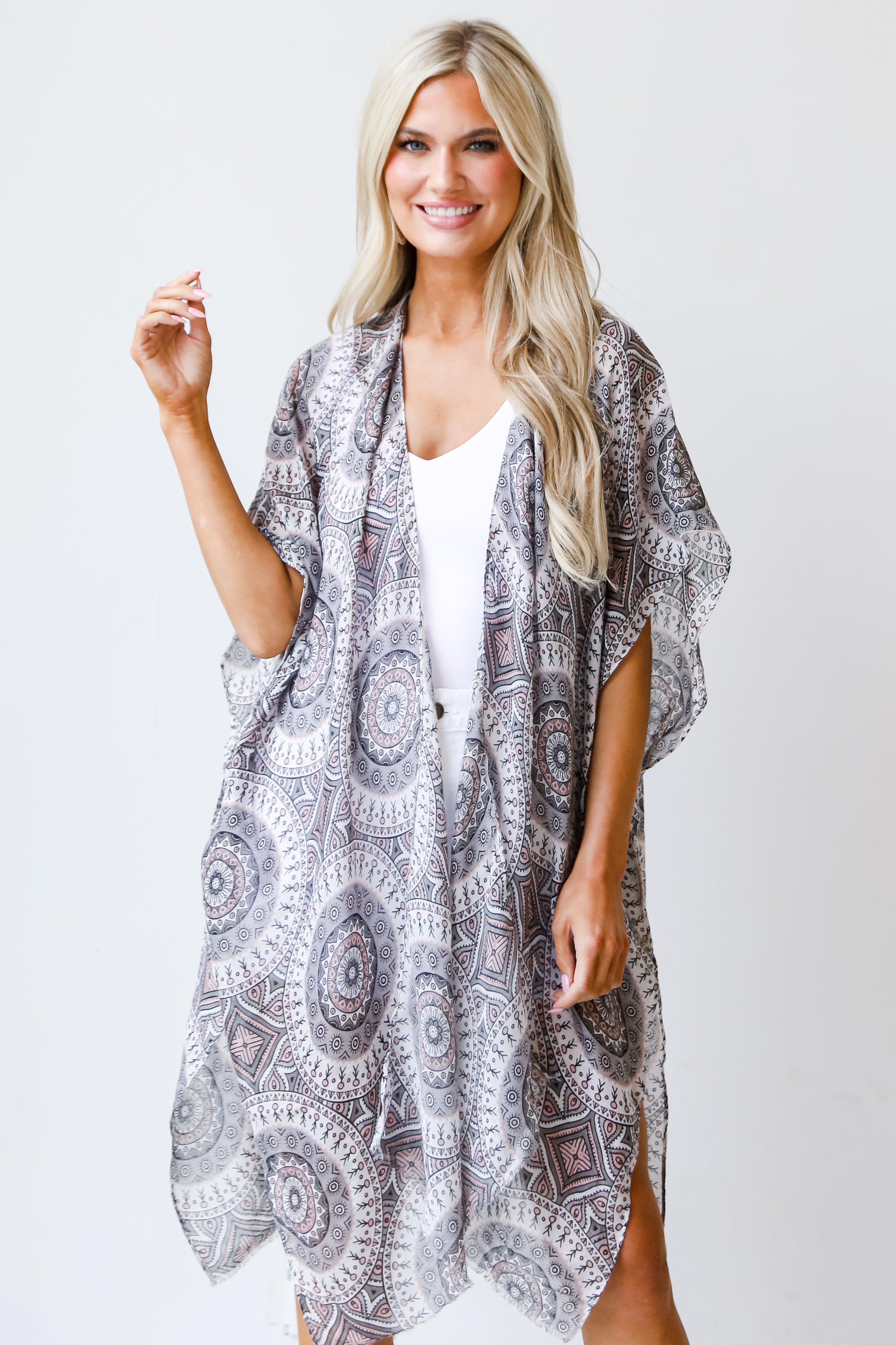 grey Kimono front view on model