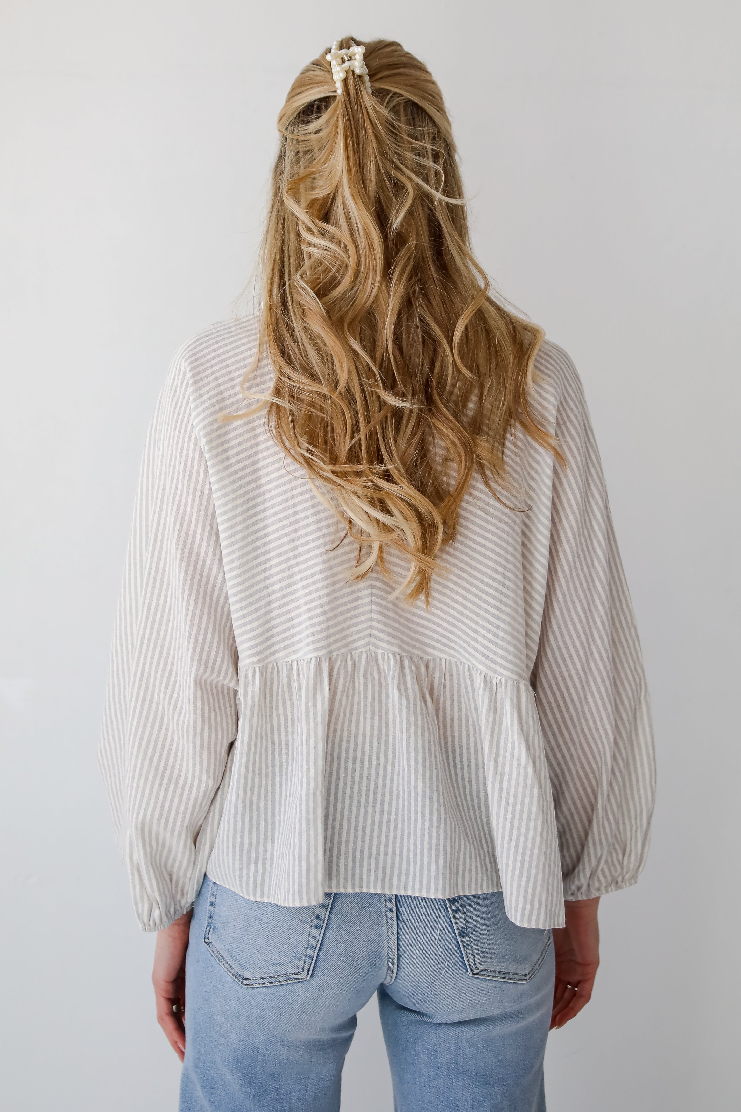 Casually Sophisticated Grey Striped Babydoll Blouse