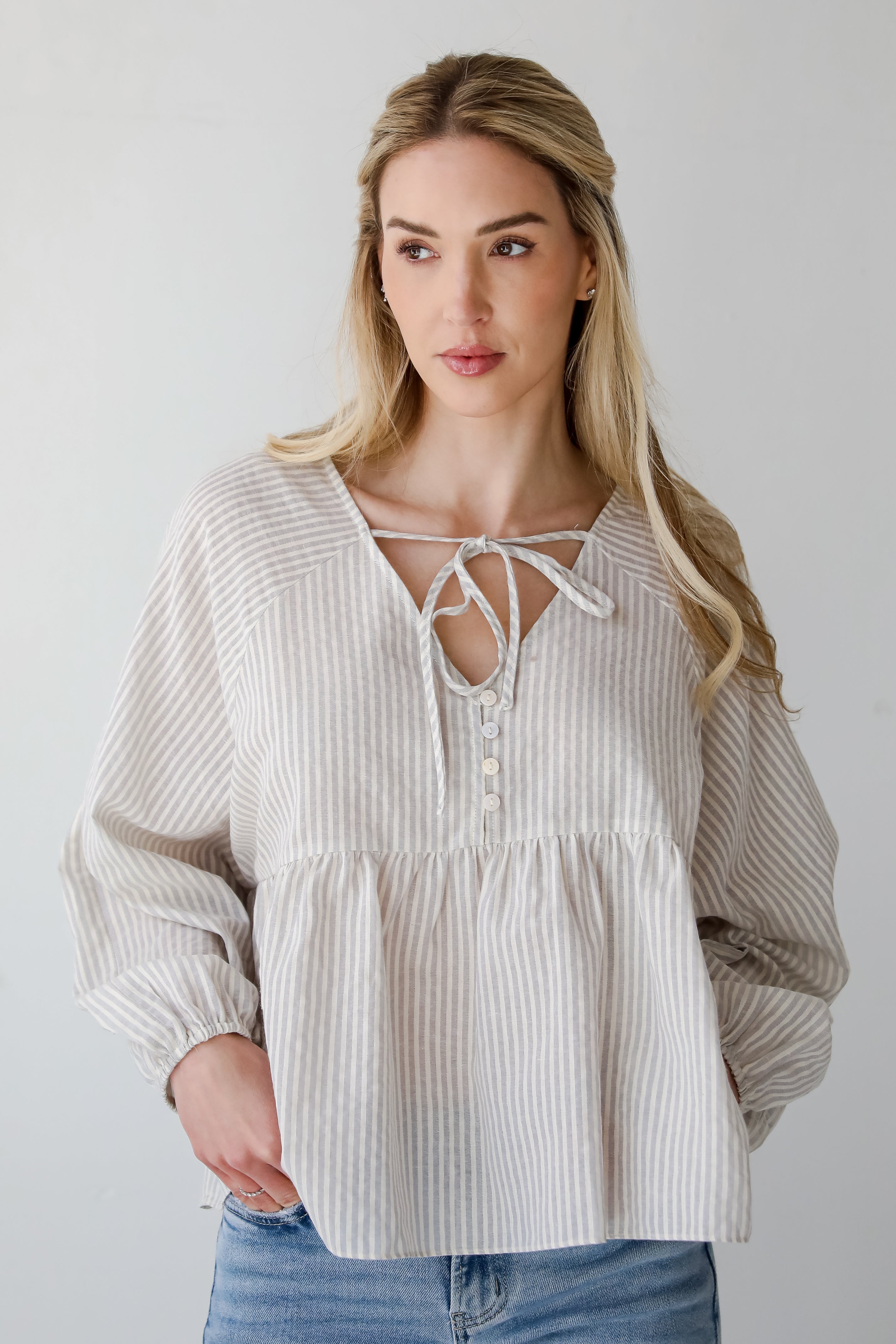 Casually Sophisticated Grey Striped Babydoll Blouse