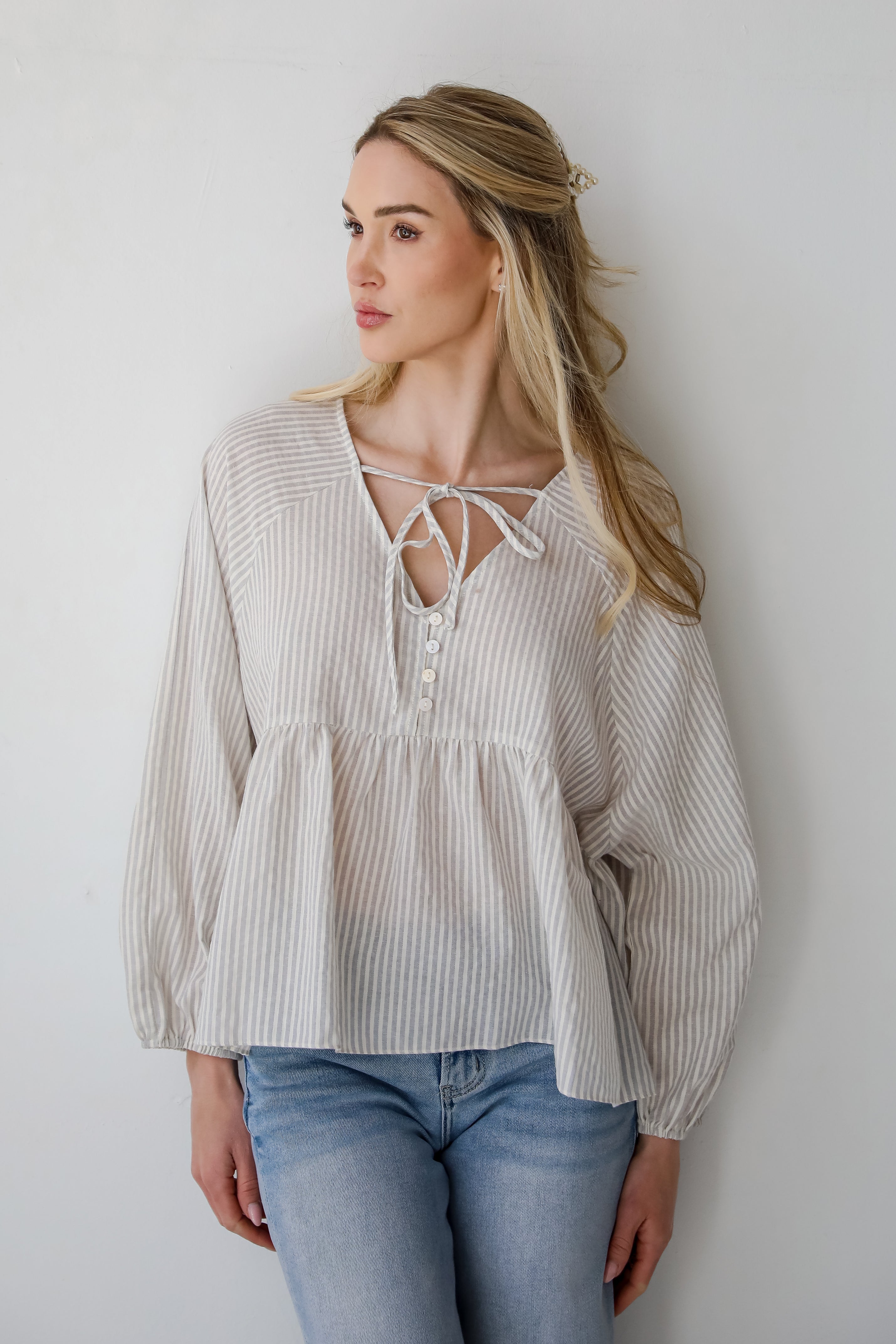 Casually Sophisticated Grey Striped Babydoll Blouse