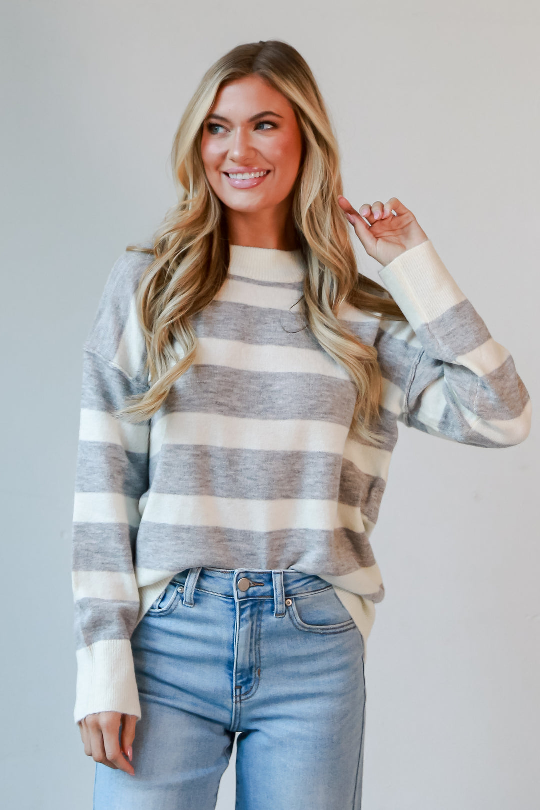 Heather Grey Striped Sweater with denim