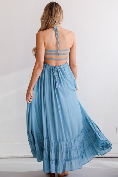 blue Smocked Halter Maxi Dress for women