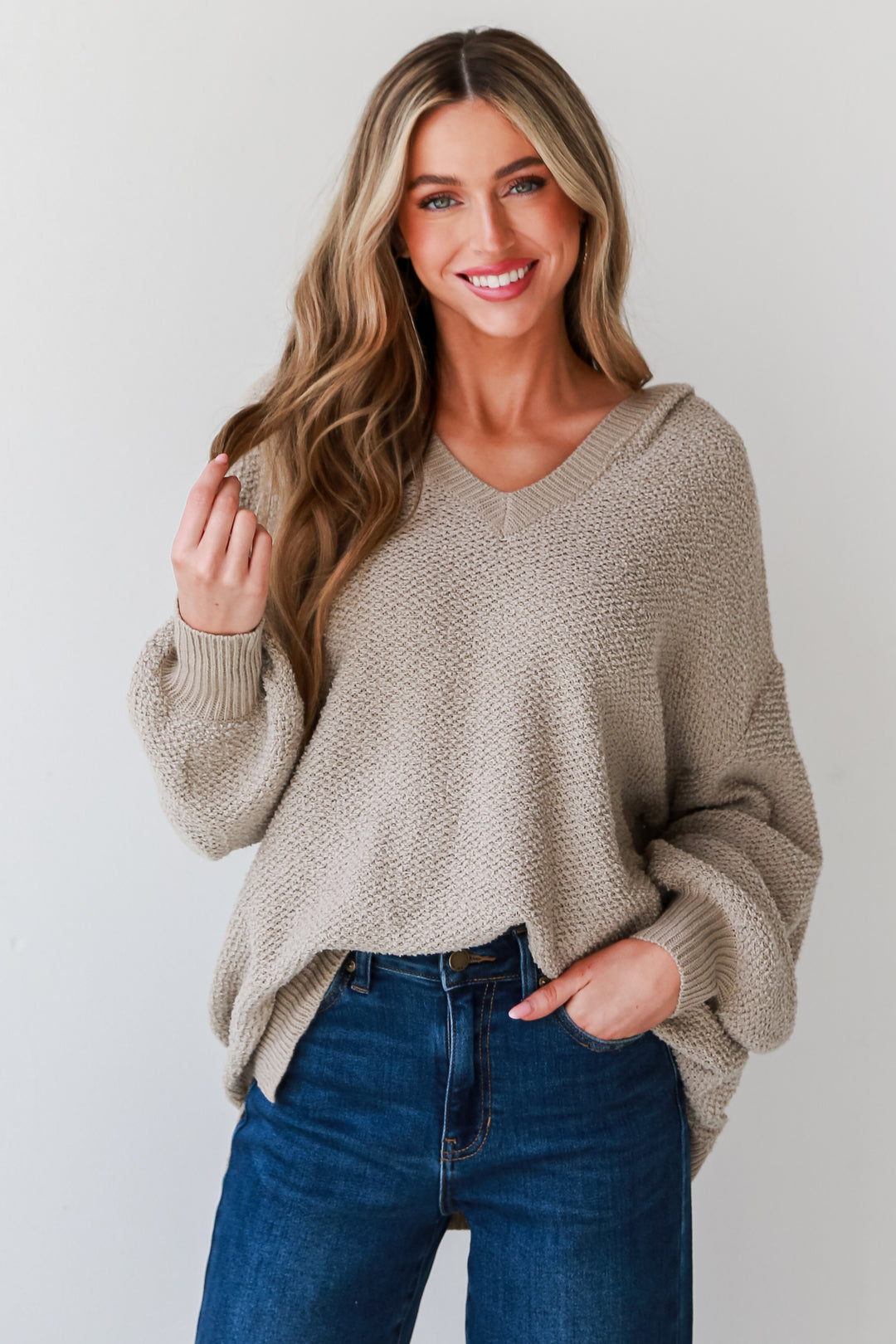 Taupe Hooded Oversized Sweater on model