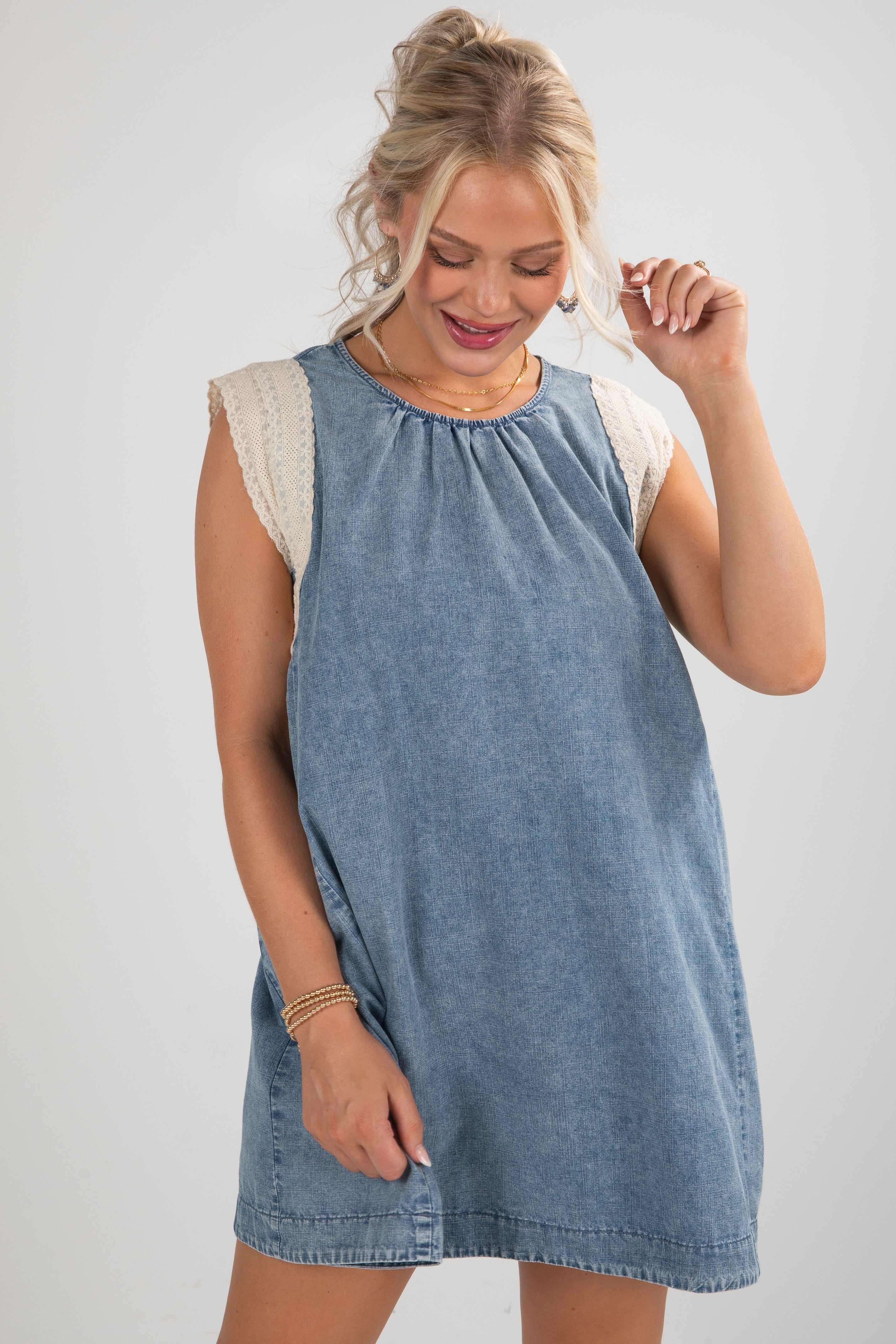 Sleeve Lace Denim Dress Cute Indigo Denim Lace Mini Dress Denim