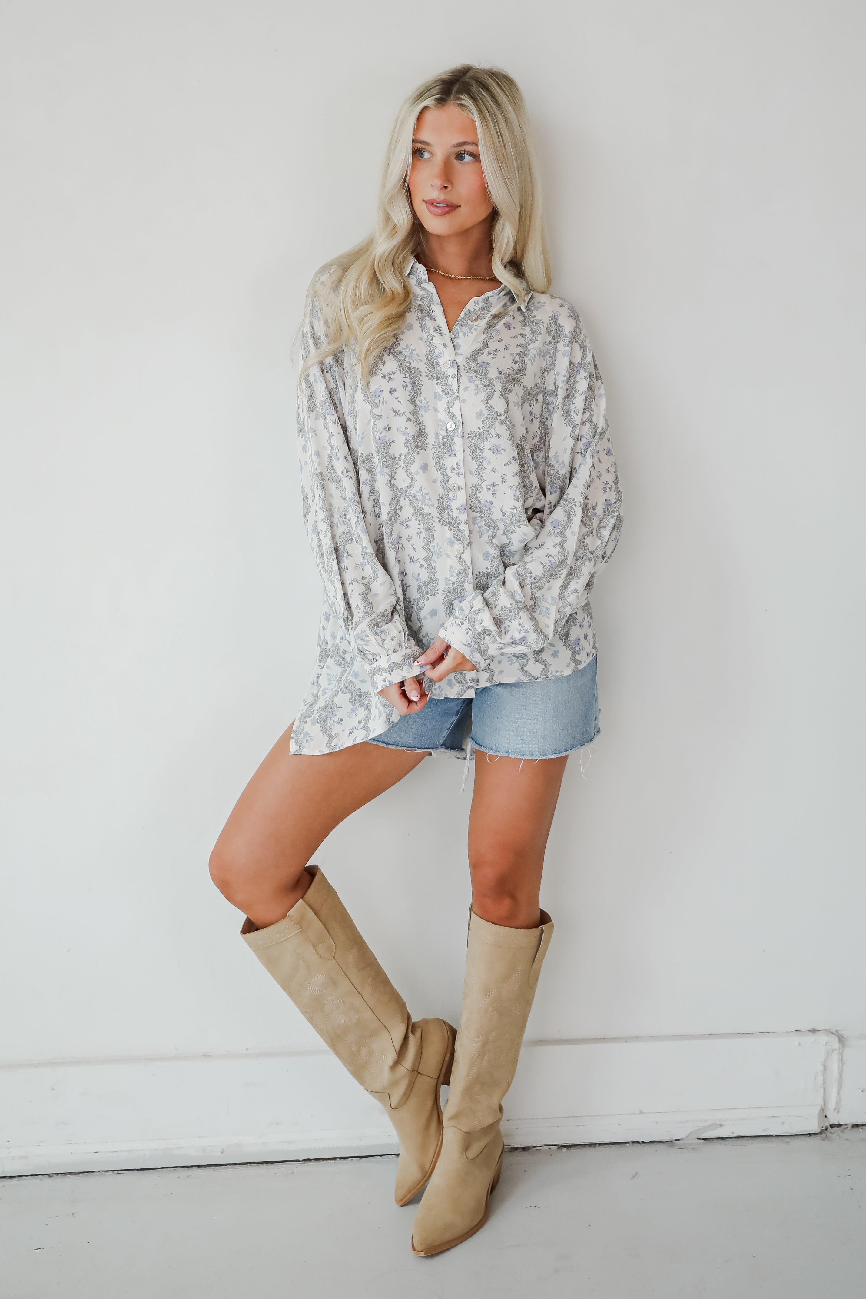 Divine Beauty Ivory Floral Button-Up Blouse