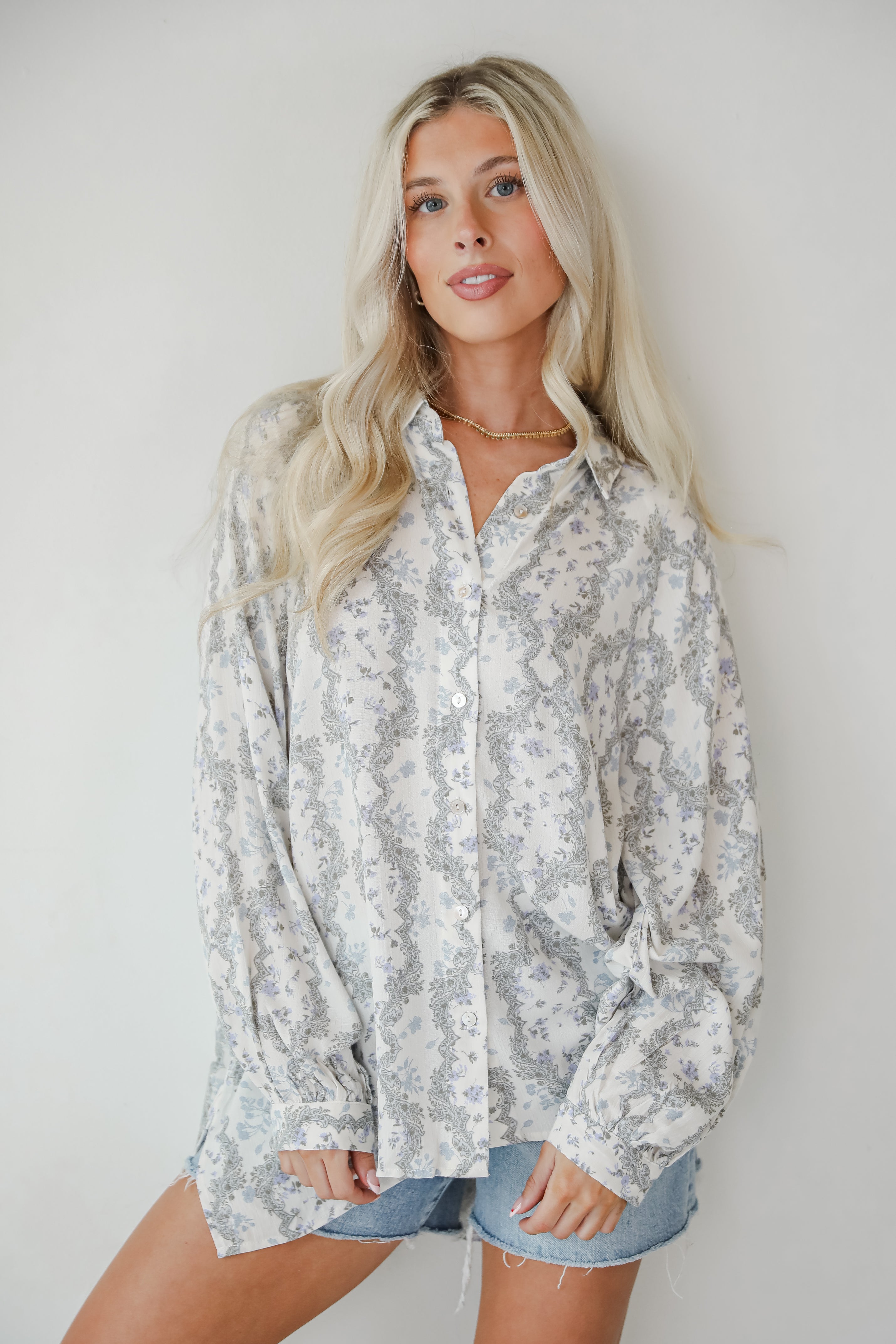 Divine Beauty Ivory Floral Button-Up Blouse